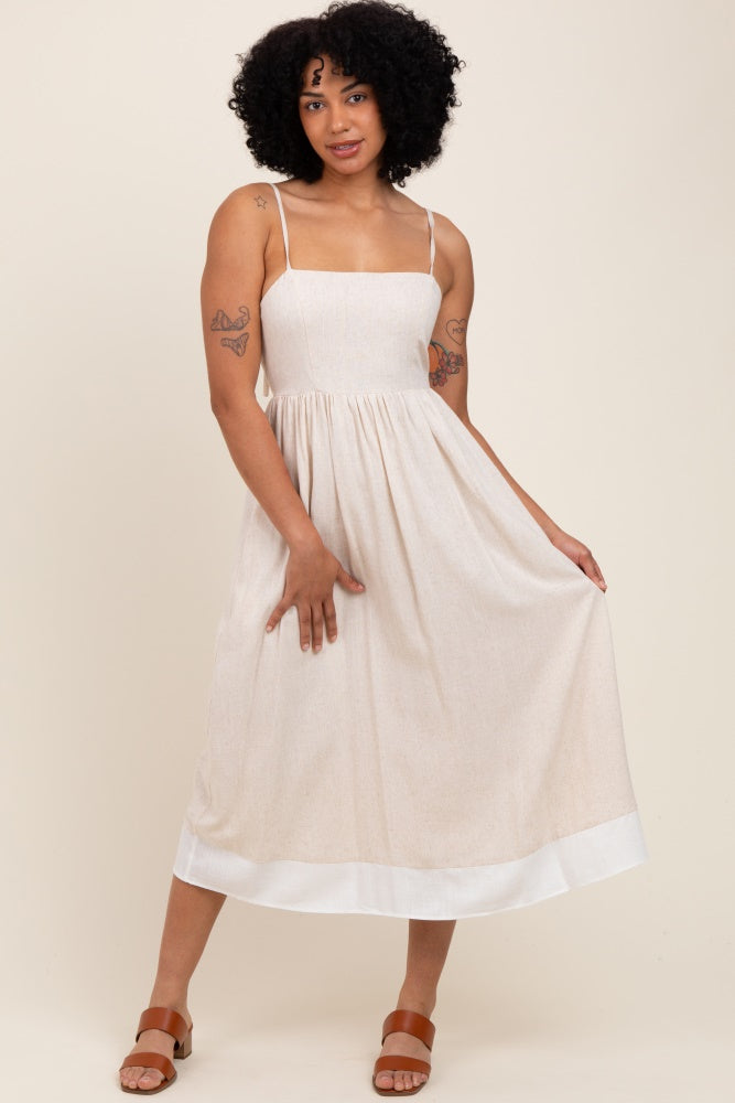Beige Color Block Back Tie Midi Dress for Women - Elegant Casual Summer Dress with Flattering Fit - Perfect for Office, Date Night & Special Occasions
