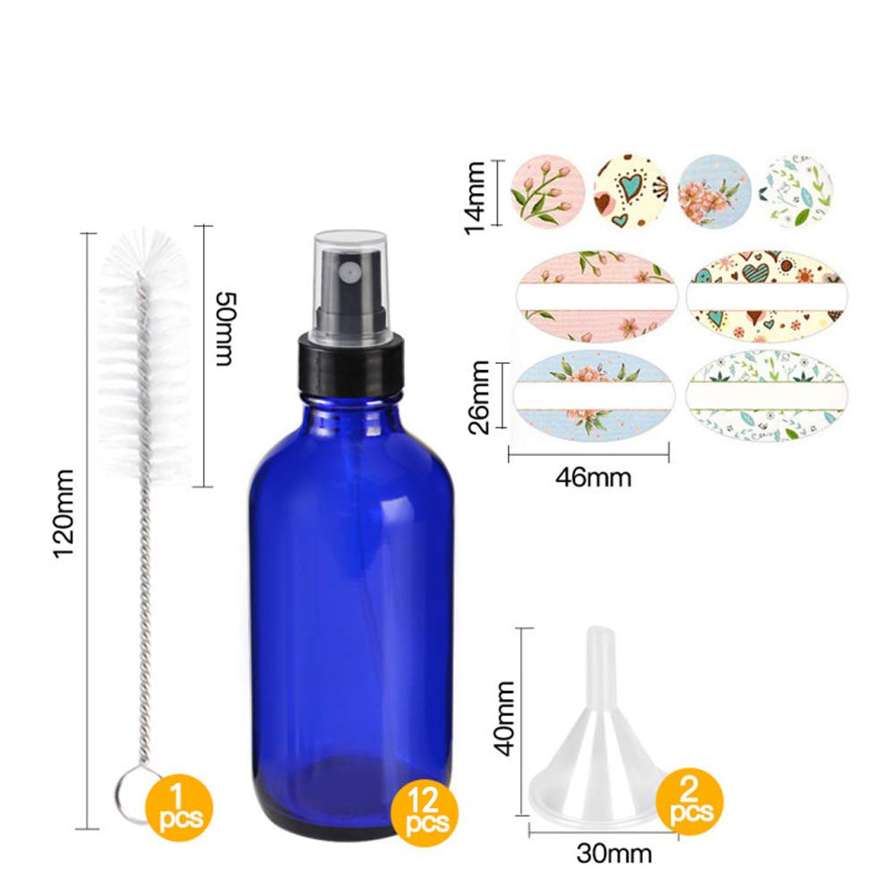 STARSIDE 12 Pack 120ml (4oz) Blue Glass Spray Bottles with Fine Mist Sprayer & Dust Cap - Essential Oil Bottles, Perfume Atomizers, Cleaning Solution Containers - Includes 1 Brush, 2 Funnels, 2 Droppers & 18 Labels - Perfect for DIY Beauty, Aromatherapy & Home Cleaning