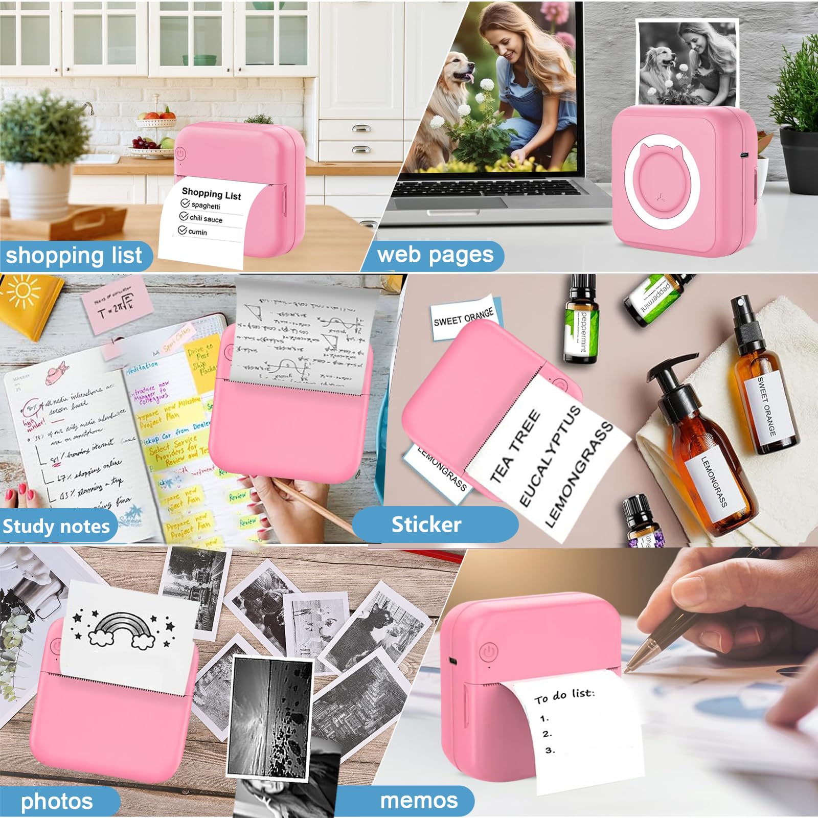 Mini Pocket Inkless Thermal Sticker Printer for iOS & Android - Portable Photo Printer with 10 Rolls Thermal Paper - Perfect for Notes, Journals, Memos & Study (Pink) | Great for DIY Crafts, Scrapbooking & Instant Photo Sharing