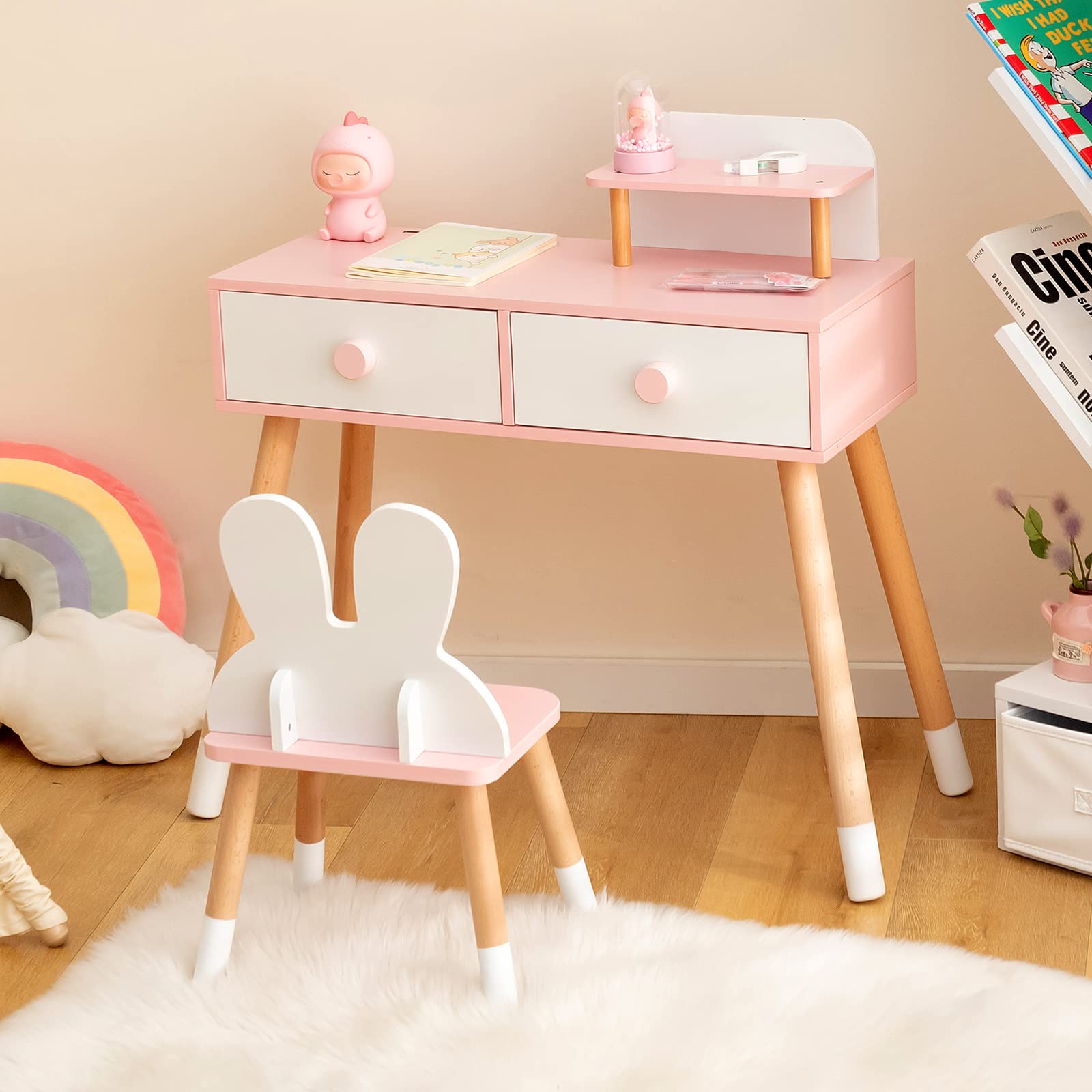 **White Kids Vanity Set with Mirror, Storage Shelf & 2 Large Drawers - Princess Dressing Table & Toddler Makeup Vanity for Girls - Perfect for Playroom, Bedroom & Birthday Gifts**
