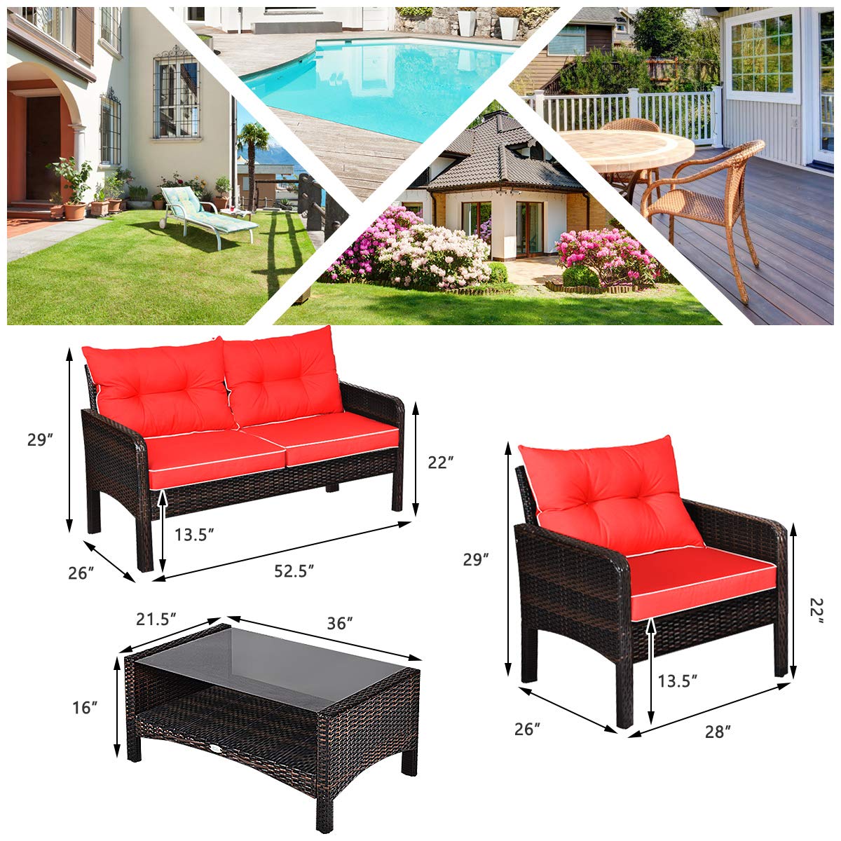 HAPPYGRILL 4-Piece Rattan Patio Furniture Set with Cushions & Coffee Table - Perfect for Outdoor Relaxation
