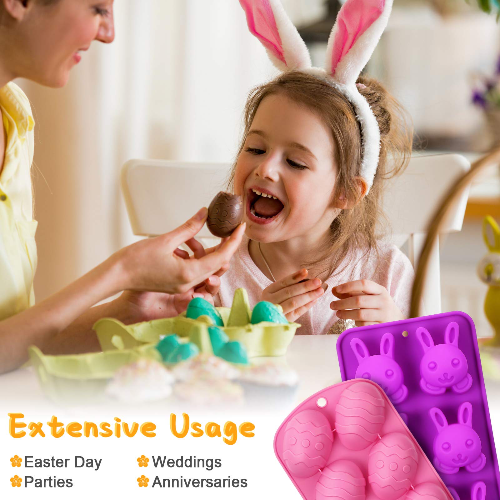 Geiserailie 2-Piece Easter Bunny Egg Shaped Silicone Molds for Chocolate, Candy, Cookies, Cakes, Jelly, Ice Cubes & Soap Making - Perfect for Easter Parties, DIY Desserts & Holiday Baking