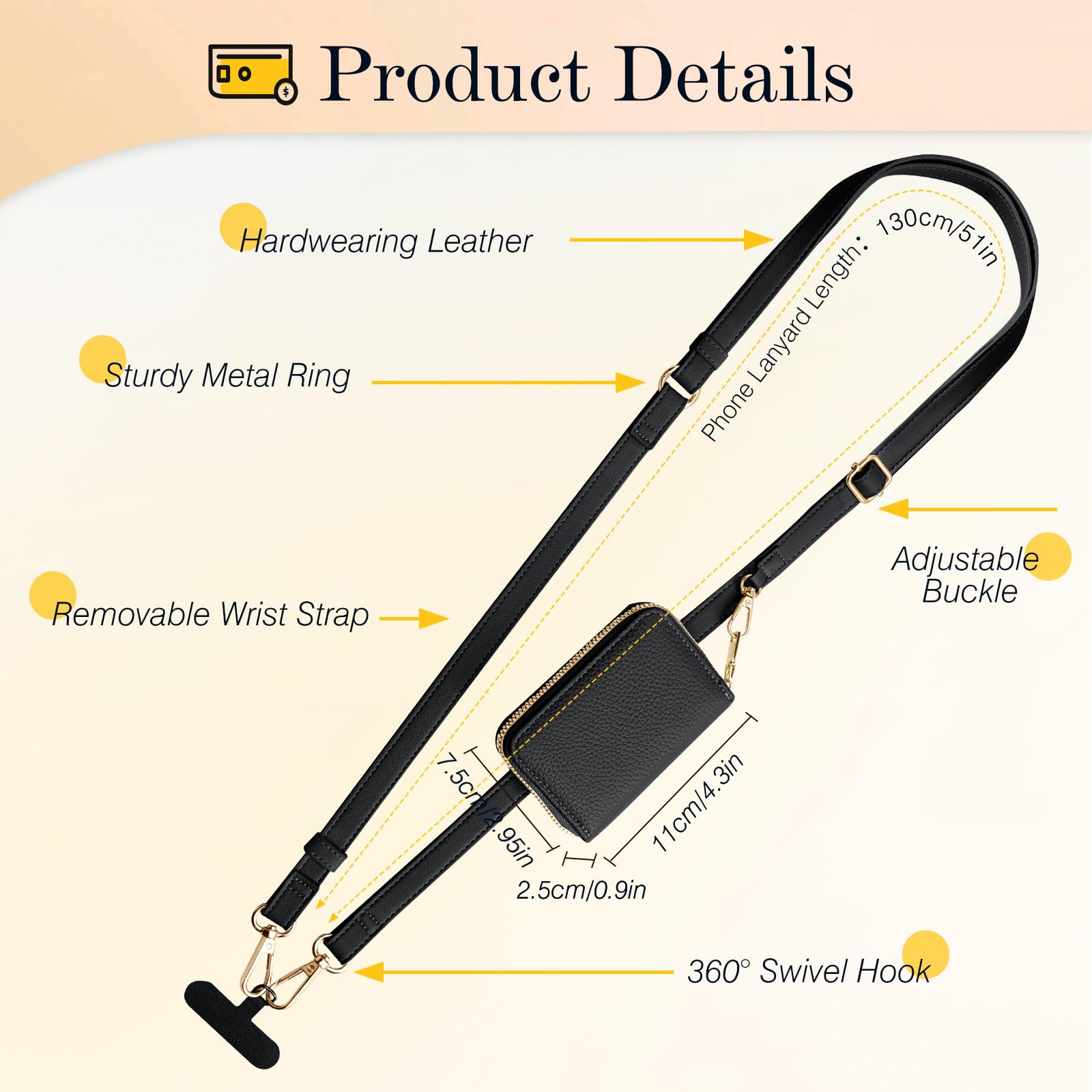 TiMOVO Adjustable Crossbody Phone Lanyard with Leather Wallet Pouch - Universal Smartphone Neck Strap for iPhone, Samsung & Most Phones - Hands-Free Convenience for Travel, Shopping & Outdoor Activities (Black)