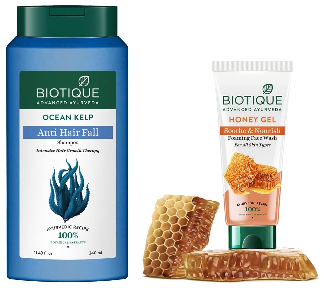 Biotique Bio Kelp Protein Shampoo 340ml for Hair Loss Treatment & Regrowth | Biotique Bio Honey Gel Face Wash 100ml for All Skin Types | Natural Hair & Skin Care for Daily Use at Home or Travel