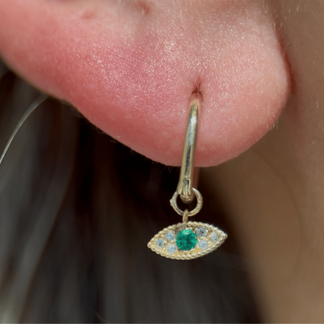 14K Yellow Gold Emerald Evil Eye Hoop Earrings - Protection Jewelry for Women, Gift for Her, Perfect for Everyday Wear & Special Occasions