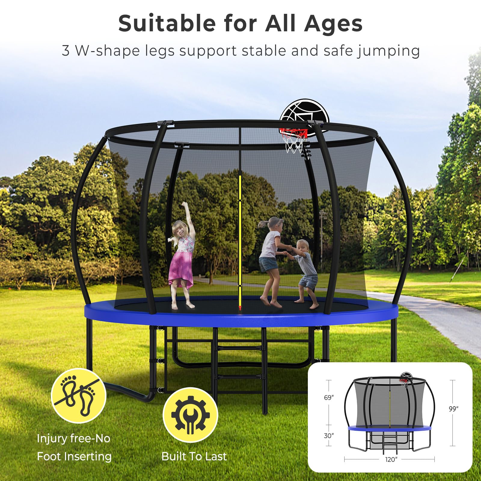 10FT-16FT Large Outdoor Trampoline with Basketball Hoop & LED Lights - Heavy Duty Jumping Mat for Kids & Adults - Water Sprinkler & Anchor Stakes Included - Perfect for Backyard Fun, Exercise & Family Bonding