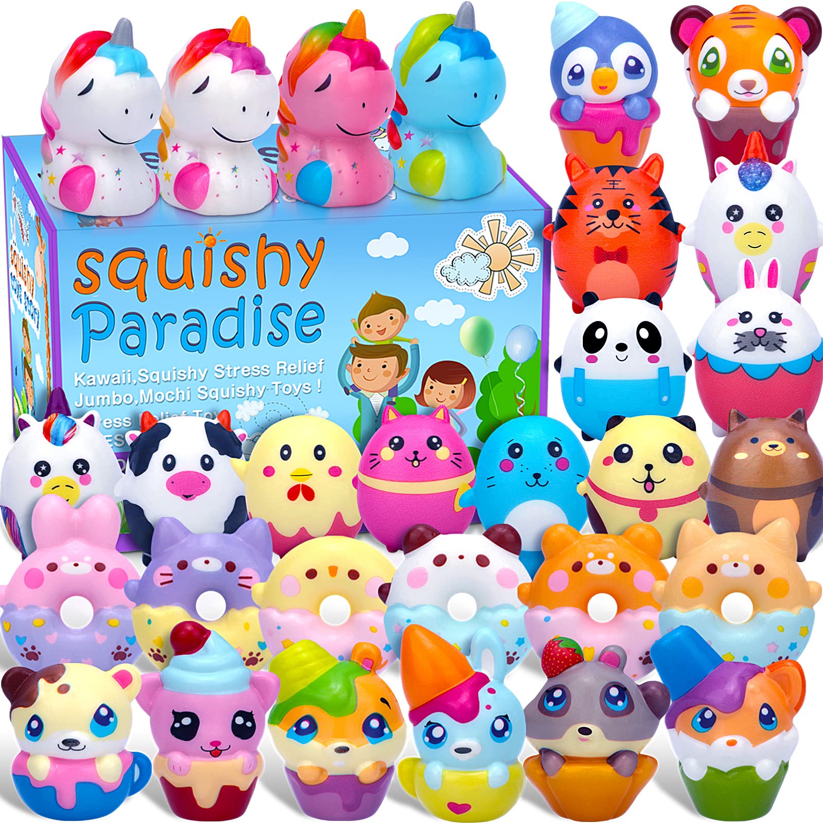 Kawaii Squishy Toys 30 Pack - Cute Unicorn Donuts for Stress Relief & Party Favors