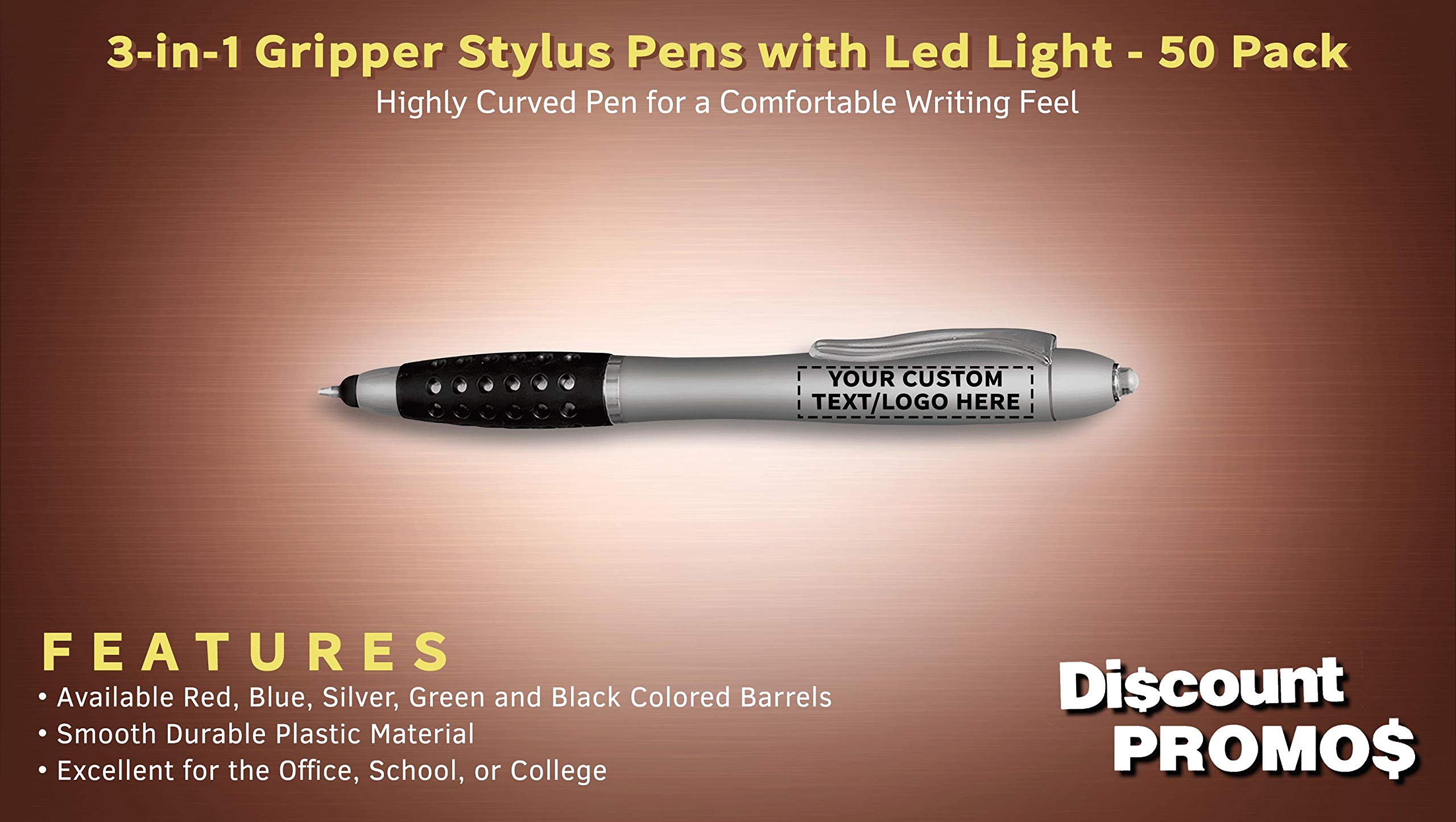 Customizable Silver Stylus Pens with White LED Light - 50 Pack Bulk Order - Personalized Gripper for Tablets, Smartphones - Perfect for Business Promotions, Trade Shows & Digital Artists