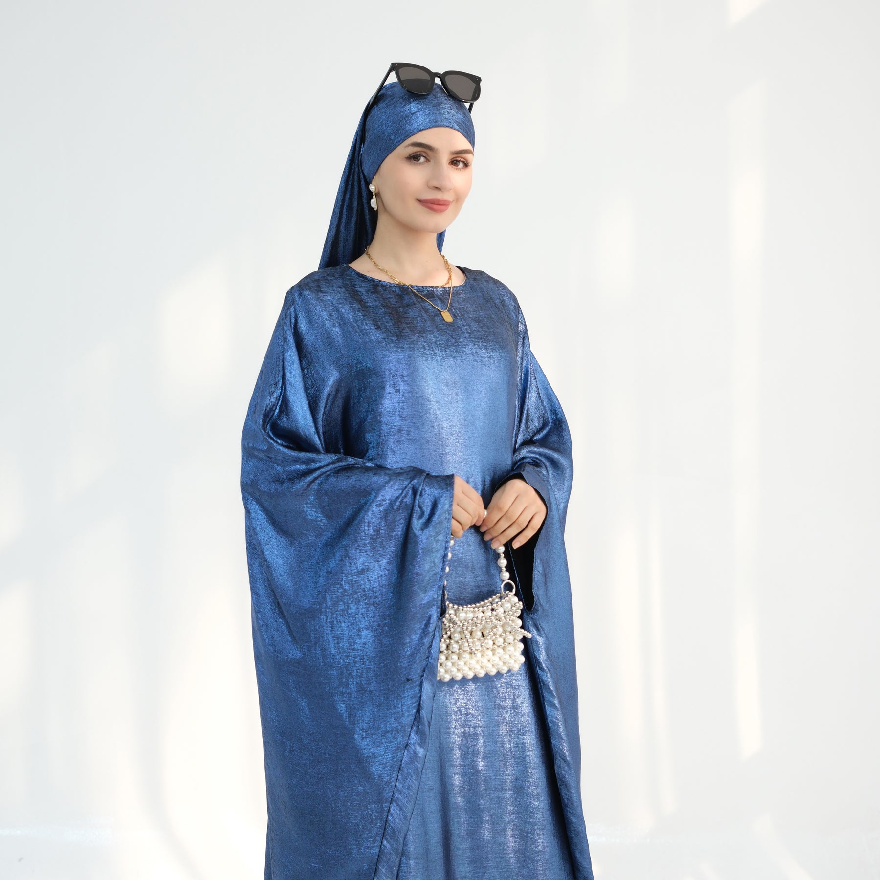 Linora Shimmer Butterfly Abaya Dress for Women - Elegant Blue Islamic Prayer Gown for Mosque, Eid, and Special Occasions