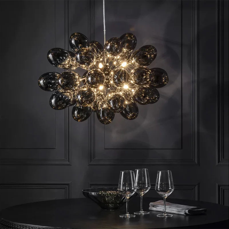Elegant Pearl Black Glass Grape Chandelier Pendant Light - Vintage Dining Room Lighting Fixture for Kitchen Island, Farmhouse Decor, and Bedroom Ceiling