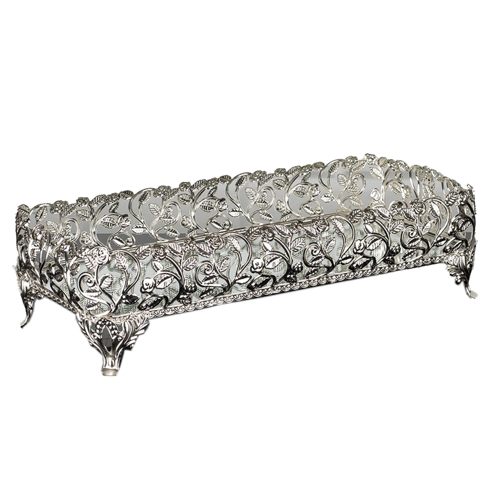 Handmade Silver Metal Filigree Mirrored Vanity Tray - Elegant Rectangle Perfume & Jewelry Organizer for Dresser, Dressing Table, Bathroom Decor - Perfect Gift for Women (Small Size)