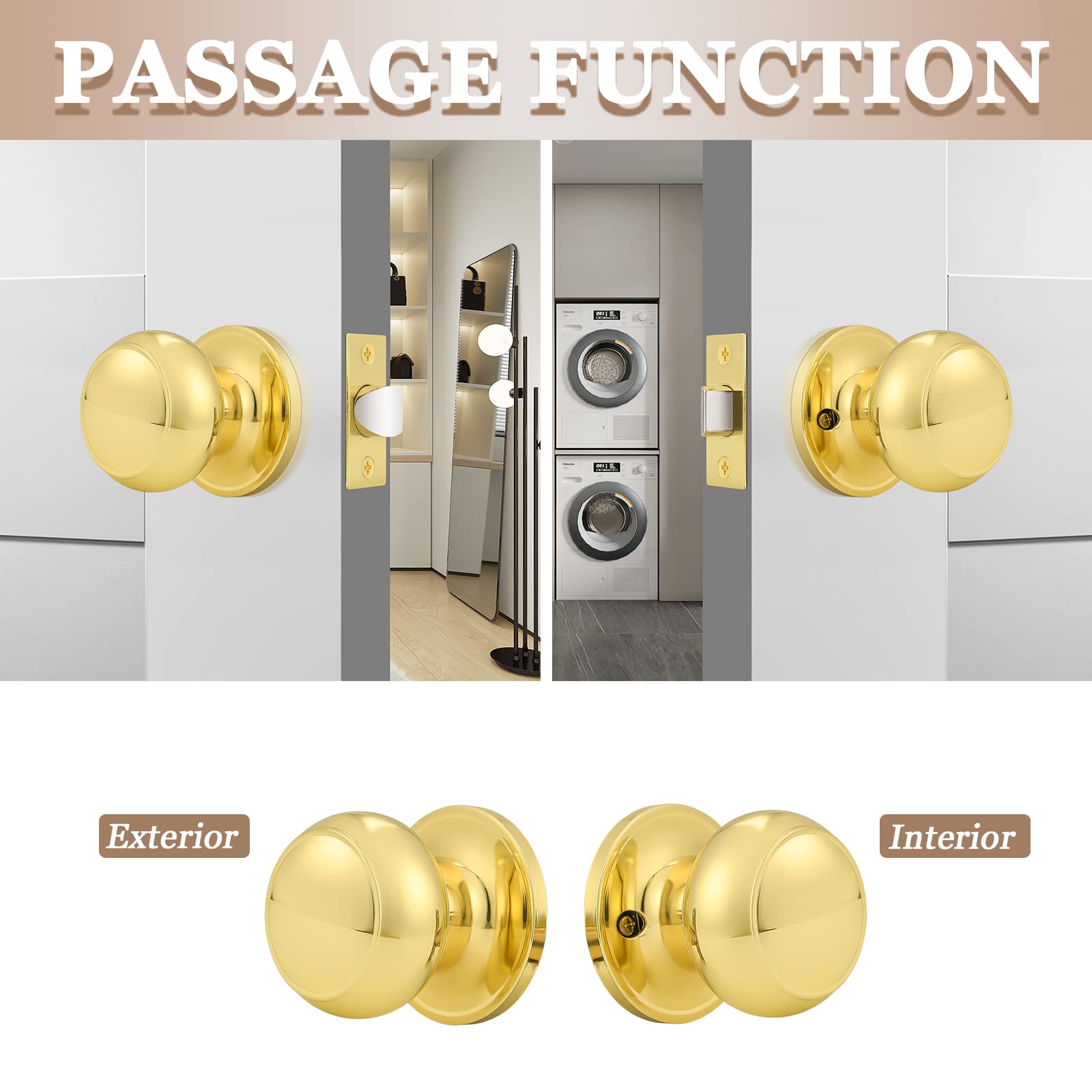 10 Pack Probrico Round Door Knobs - Polished Brass Passage Lockset for Closet, Hallway & Interior Doors | Keyless Entry, Easy Installation | Perfect for Homes, Offices & Apartments