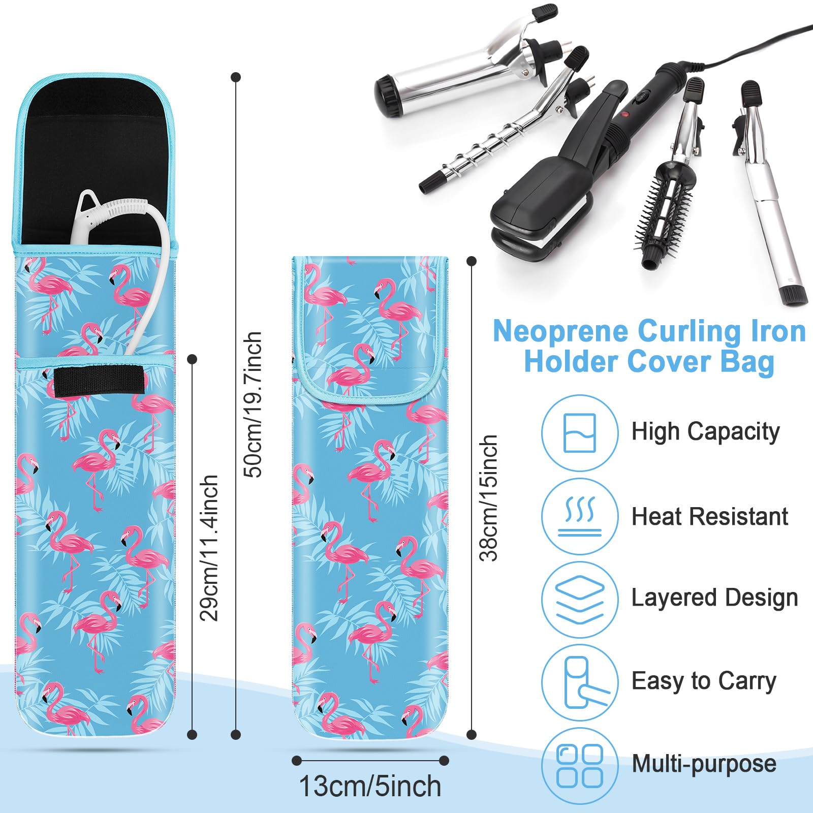 Shappy 2-Piece Heat Resistant Curling Iron Travel Case & Flat Iron Holder - Neoprene Straightener Sleeve & Silicone Hot Tools Bag (Flamingo Style) - Perfect for Travel, Salon & Home Hair Styling