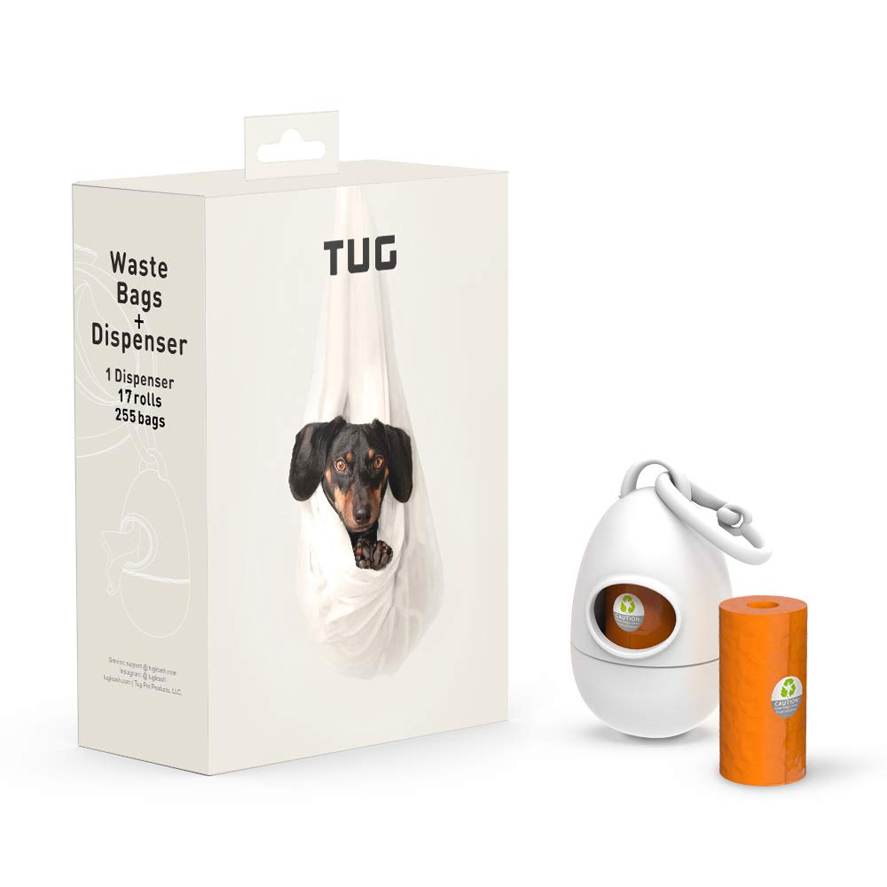 **TUG Dog Waste Bag Dispenser with 17 Rolls (255 Bags) - 15 Bags Per Roll, White Poop Bag Holder for Dogs - Perfect for Walking, Hiking & Park Cleanup**