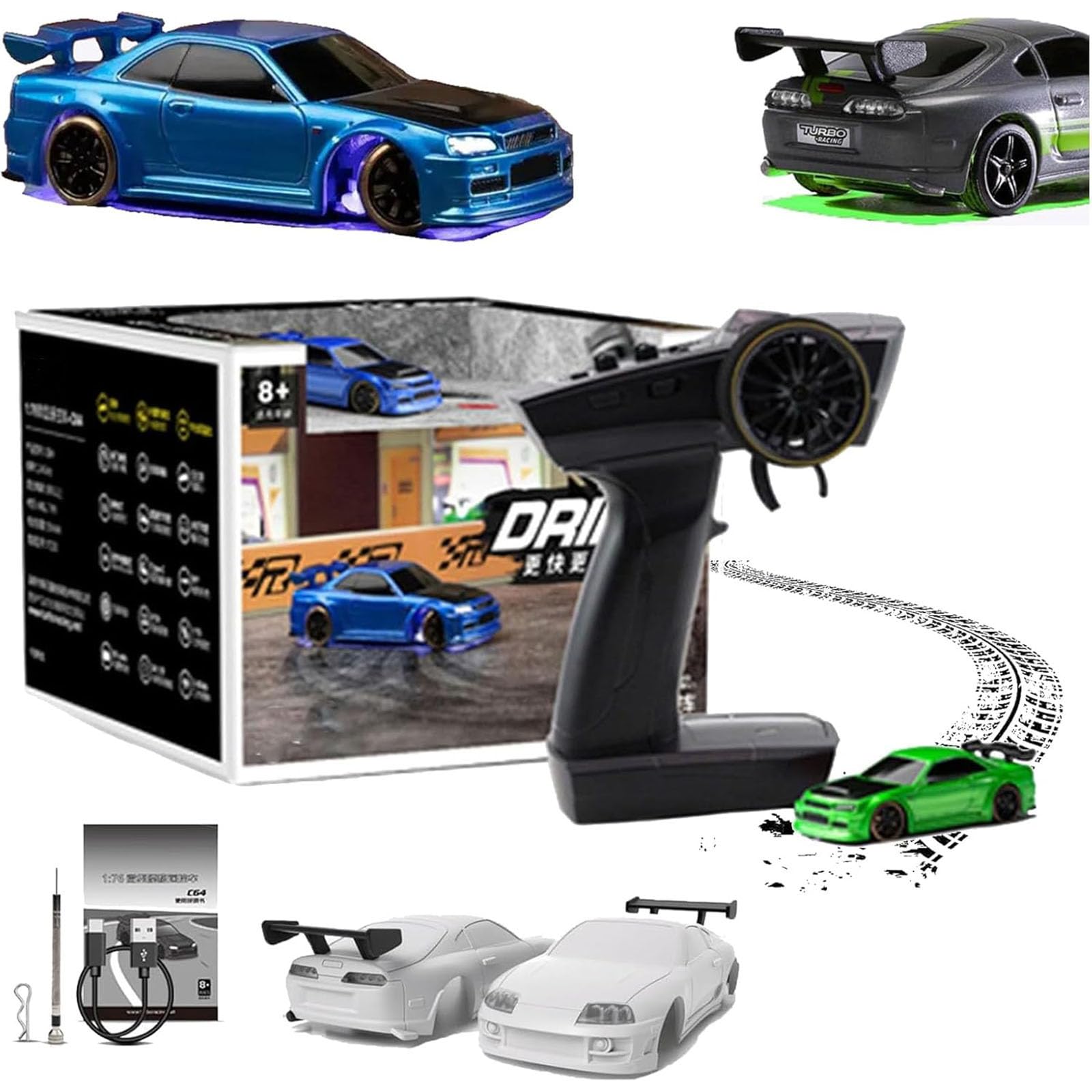 Motorwolt Mini Slide RC Drift Car V2 - 1:76 Scale Remote Control Drift Car with Gyro, 2.4GHz Controller & 2 Replaceable Body Shells (Green) - Perfect for Tabletop Racing, Indoor Drifting & RC Car Enthusiasts