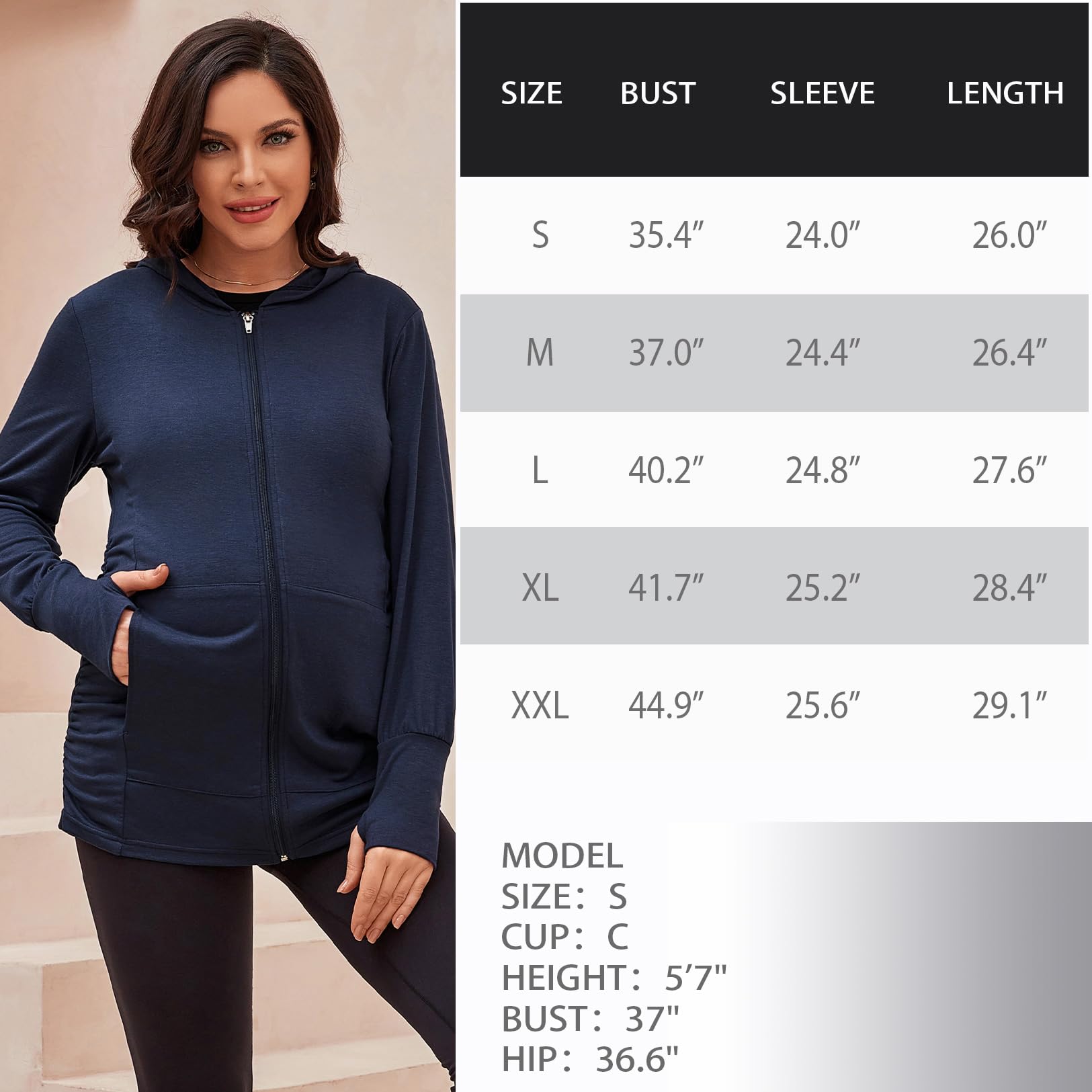 DEBELLY Maternity Hoodie - Women's Full Zip Long Sleeve Pregnancy Sweatshirt with Pockets & Thumb Holes | Comfortable Side Ruching for Bump Support | Perfect for Casual Wear, Nursing & Maternity Photos