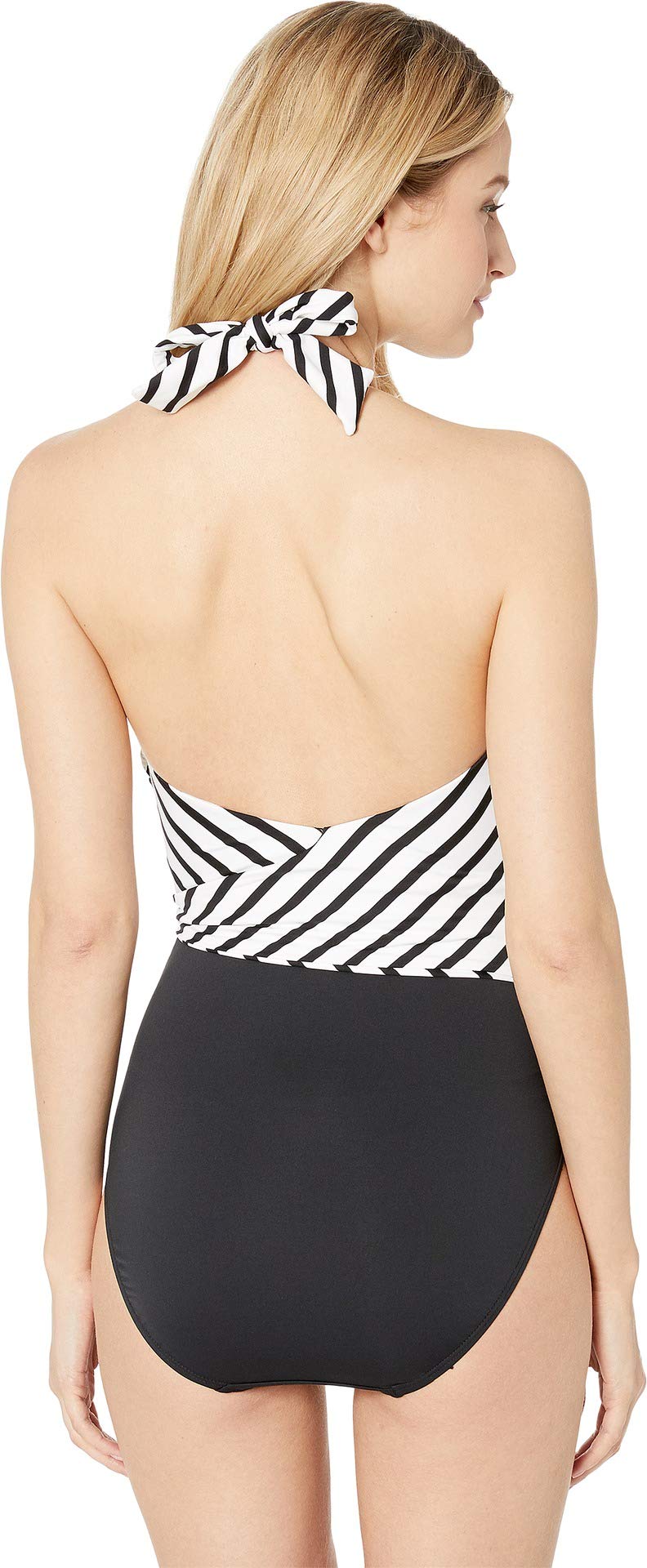 Lauren Ralph Lauren Black Stripe Mix Asymmetrical Tie One-Piece Swimsuit - Perfect for Beach Vacations, Pool Parties & Summer Getaways