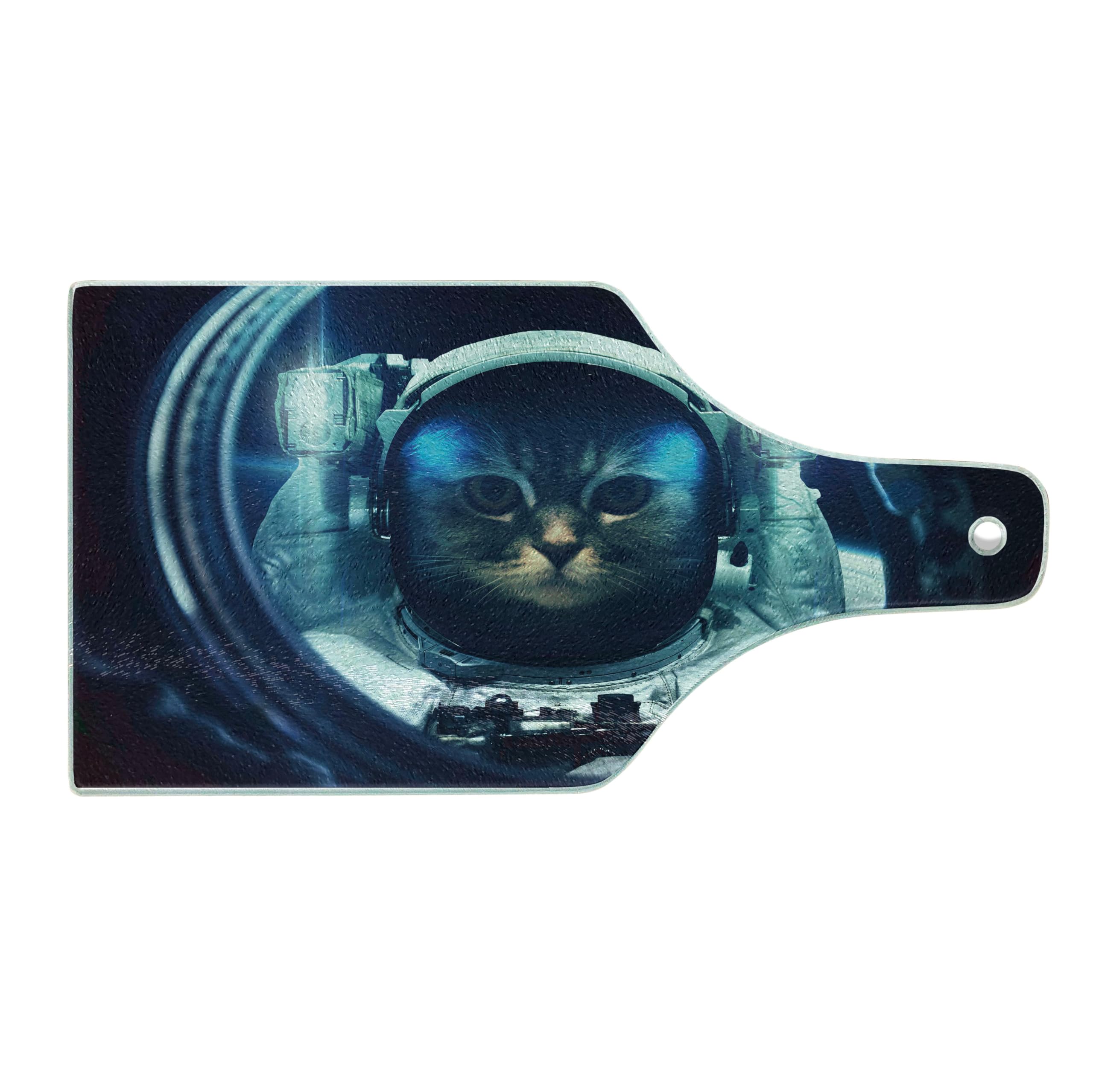 Ambesonne Space Cat Tempered Glass Cutting Board - Kitty in Space Suit Looking from Rocket in Galactic Orbit - Decorative Serving Board for Cheese, Charcuterie & Wine - Dark Blue & White Wine Bottle Shape - Perfect for Kitchen, Dining & Gifts