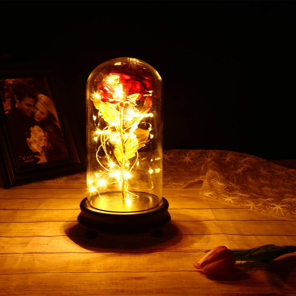 24K Gold Rose Galaxy Flower in Glass Dome with LED Light - Romantic Gift for Wedding, Valentine's Day, Mother's Day, Christmas | Perfect for Anniversary, Birthday & Home Decor