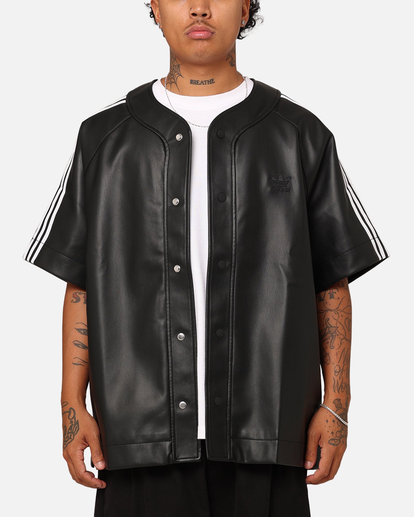Adidas Faux Leather Adicolor 3 Stripes Baseball T-Shirt for Men - Black Casual Shirt for Streetwear, Sports & Everyday Outfits