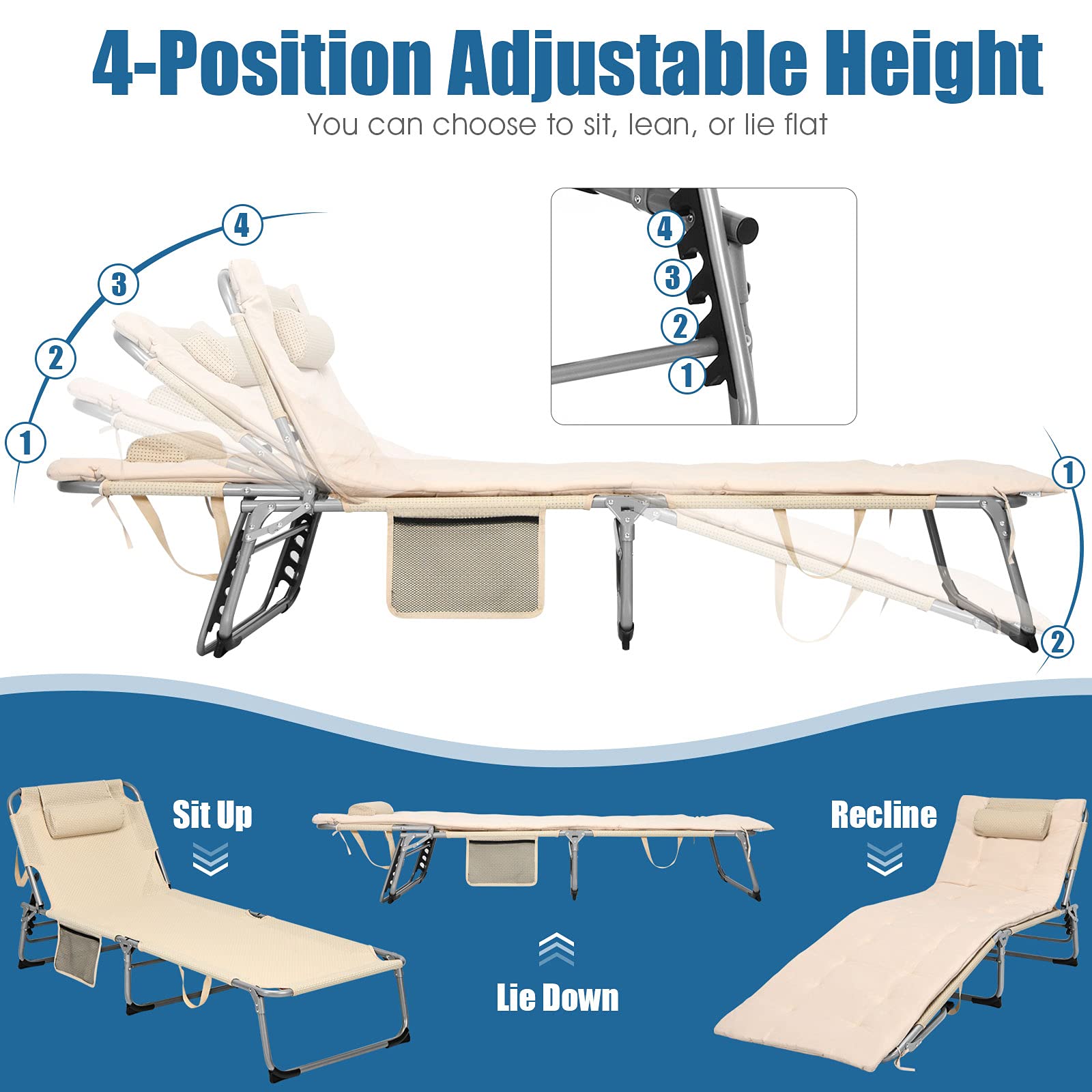 Giantex Adjustable Folding Chaise Lounge Chair with Mattress & Pillow - 4 Reclining Positions, Side Pocket - Perfect for Beach, Pool, Patio, Lawn, Deck & Camping (Beige, 2-Pack) - Ideal for Sunbathing, Relaxing & Outdoor Leisure