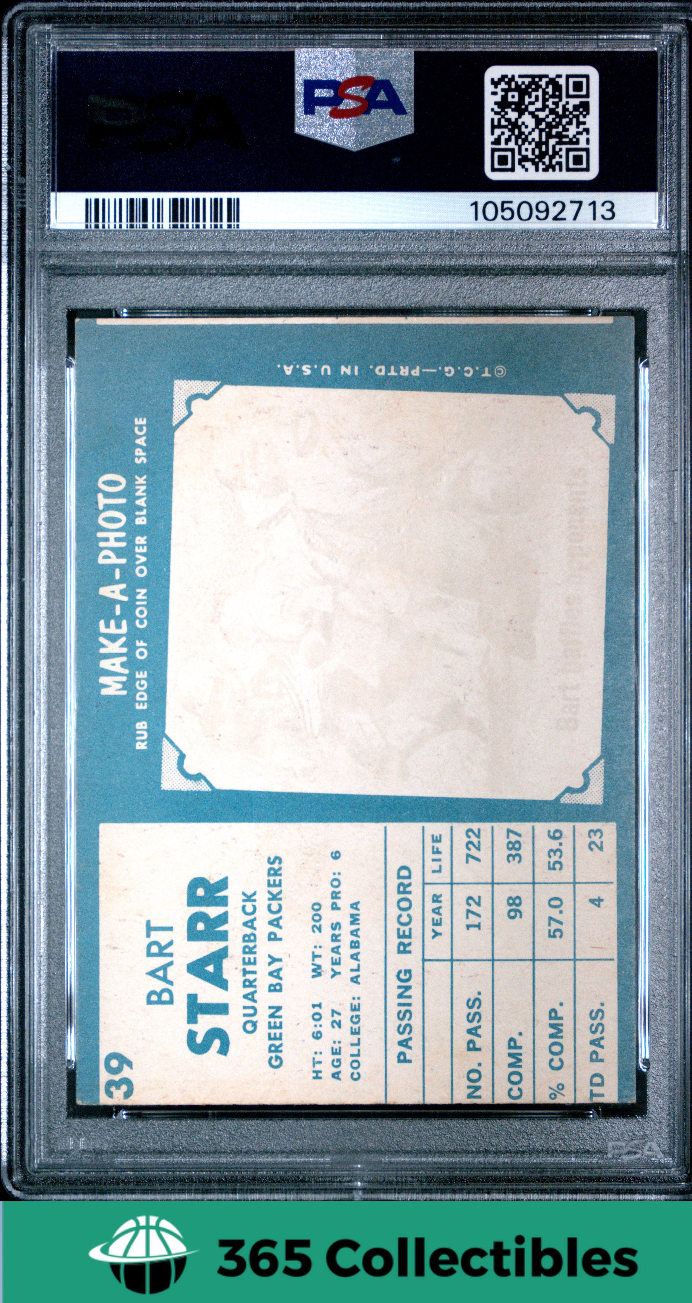 1961 Topps Bart Starr #39 Football Card - Green Bay Packers PSA 4 VG-EX - Vintage NFL Collectible for Sports Memorabilia Display & Investment