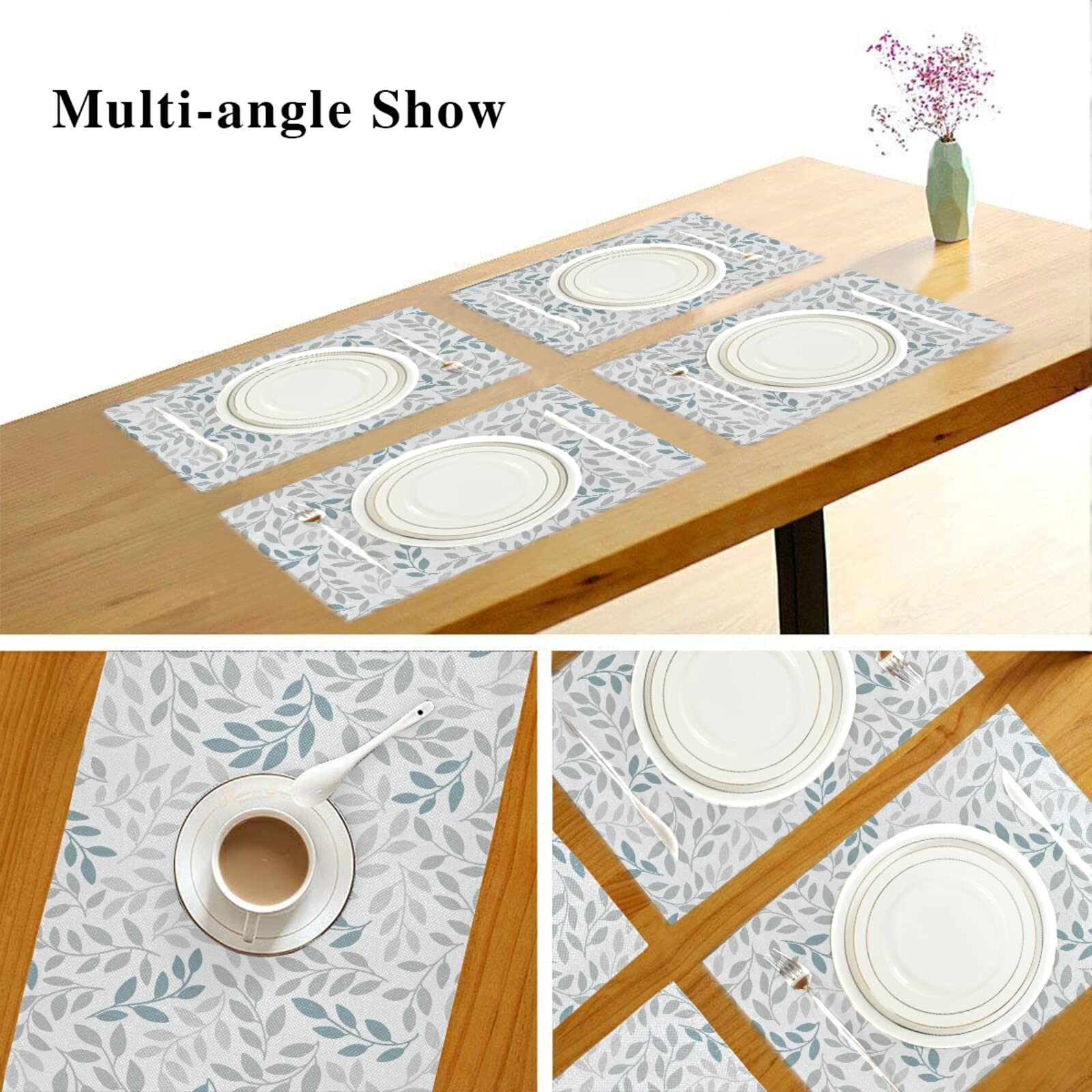 WIHVE 6-Pack Polyester Placemats for Dining Table - Grey & Blue Leaf Design - Waterproof Kitchen Table Mats for Everyday Use, Parties & Holiday Decor