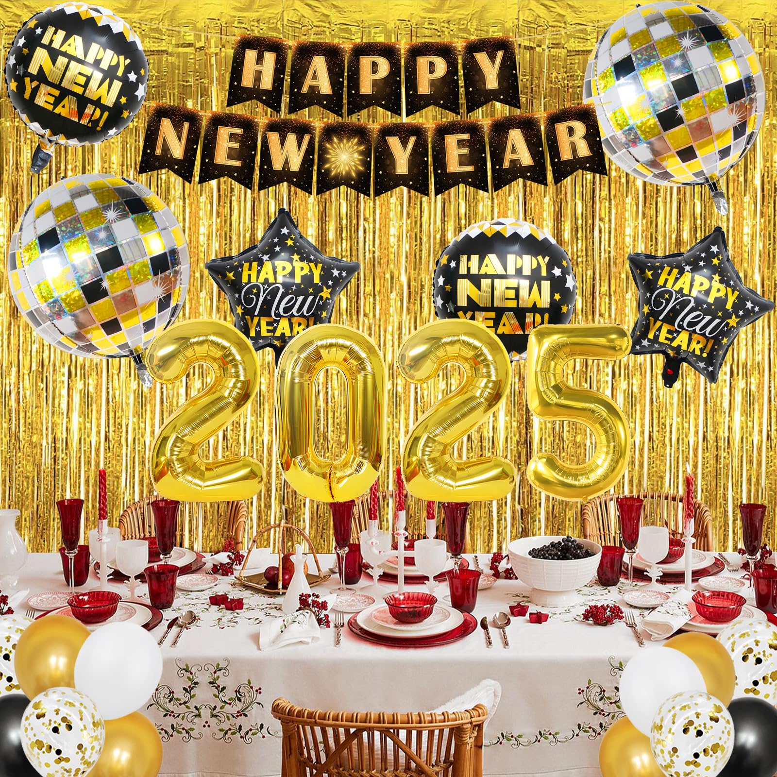 2025 New Year's Eve Party Supplies Kit - 74-Piece Set with 4D Disco Ball Balloons, Happy New Year Banner, Fringe Curtain & NYE Decorations for 2025 Celebrations | Perfect for Home Parties, Countdown Events & New Year Decorations