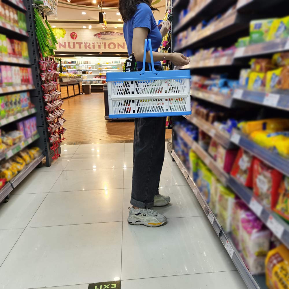 Foldable Plastic Grocery Basket - Stackable Milk Crate with Handles, Collapsible Storage Bin for Shopping, Laundry & Organizing (2-Pack) - Perfect for Supermarkets, Pantry Storage & Home Organization