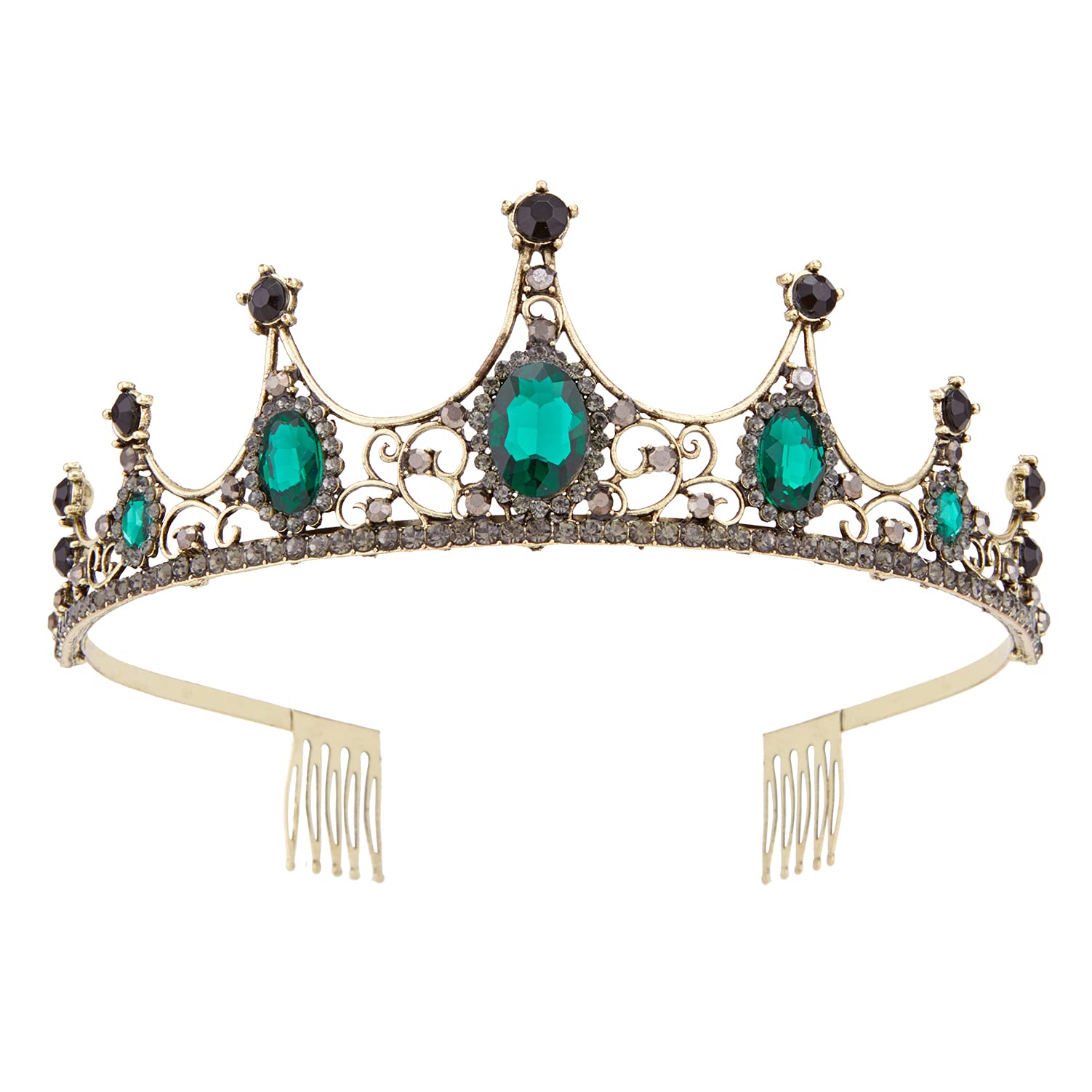 Vofler Gold Black Tiara Crown with Emerald - Baroque Vintage Crystal Green Rhinestone Headband for Women | Queen, Bride, Princess Costume Accessory | Perfect for Weddings, Birthday Parties, Pageants & Halloween