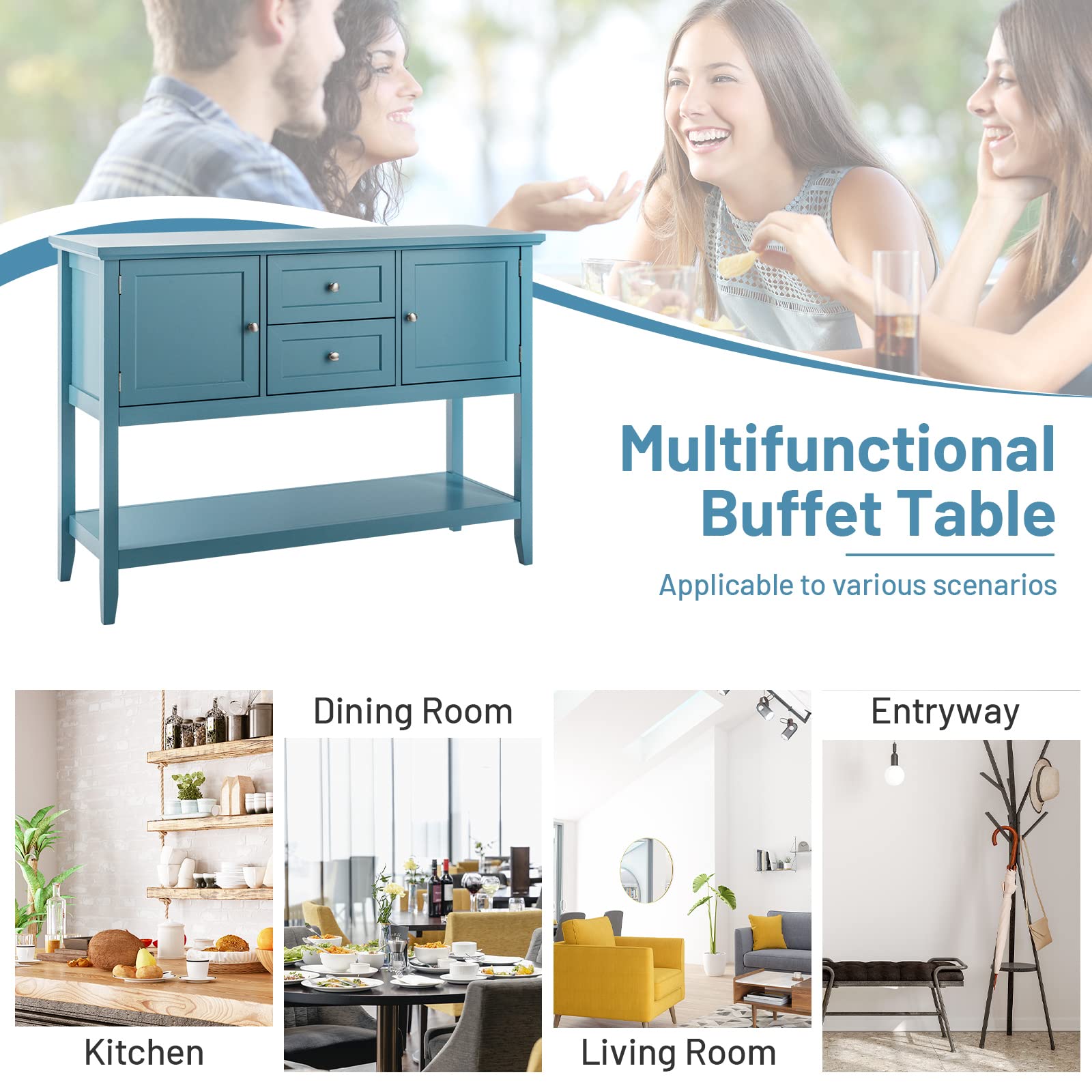 COSTWAY Buffet Sideboard with 2 Wood Storage Drawers & Open Shelf | Modern Console Table for Living Room, Kitchen & Dining Room Furniture | Blue Storage Cabinet for Home Organization & Entertaining