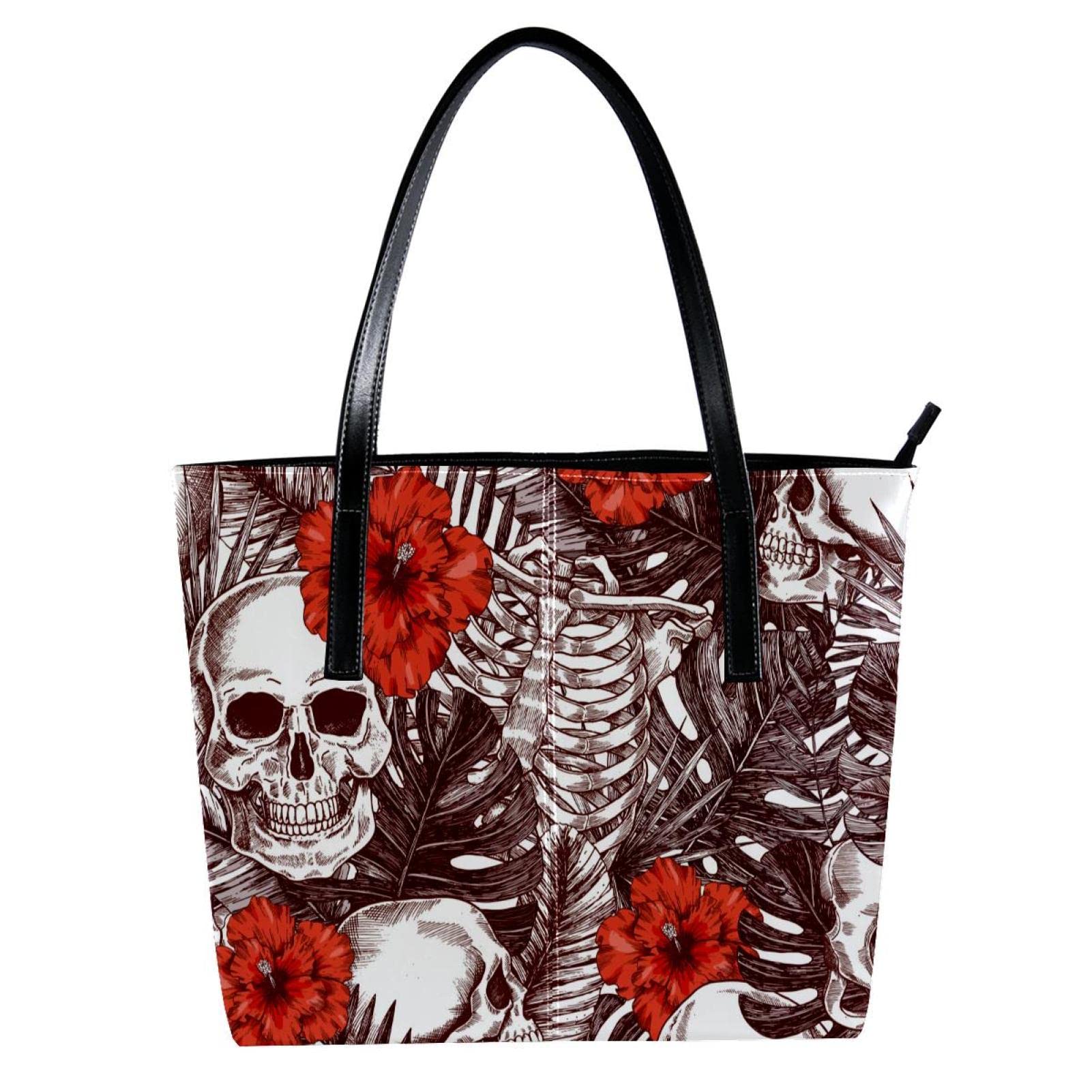 Stylish Women's Leather Handbag - Large Capacity Top Handle Satchel Shoulder Bag with Skull & Roses Design | Perfect for Halloween, Parties, Work & Everyday Use
