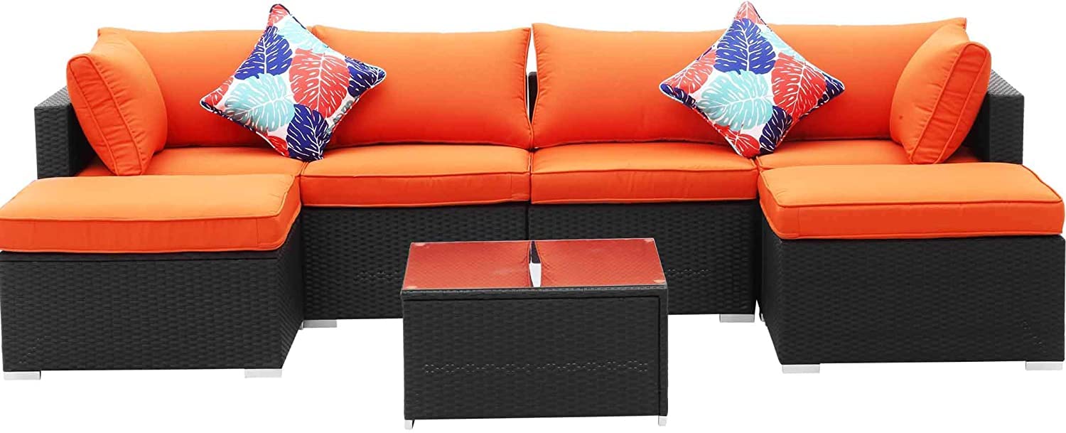 **Ainfox 7-Piece Outdoor Patio Furniture Set - PE Rattan Wicker Sectional Sofa with Cushions & Glass Coffee Table - Durable & Weather-Resistant - Perfect for Backyard, Garden, or Poolside Relaxation (Orange)**