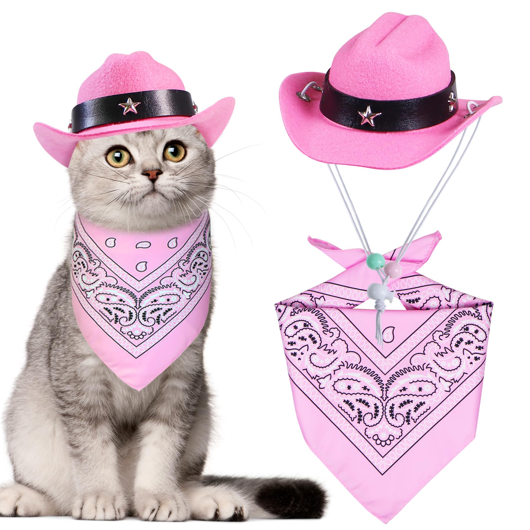 **Cowboy Costume for Cats - Cowboy Hat & Bandana Set | Funny Halloween Pet Costume for Kittens & Small Pets (Pink) - Perfect for Halloween Parties & Photo Shoots**