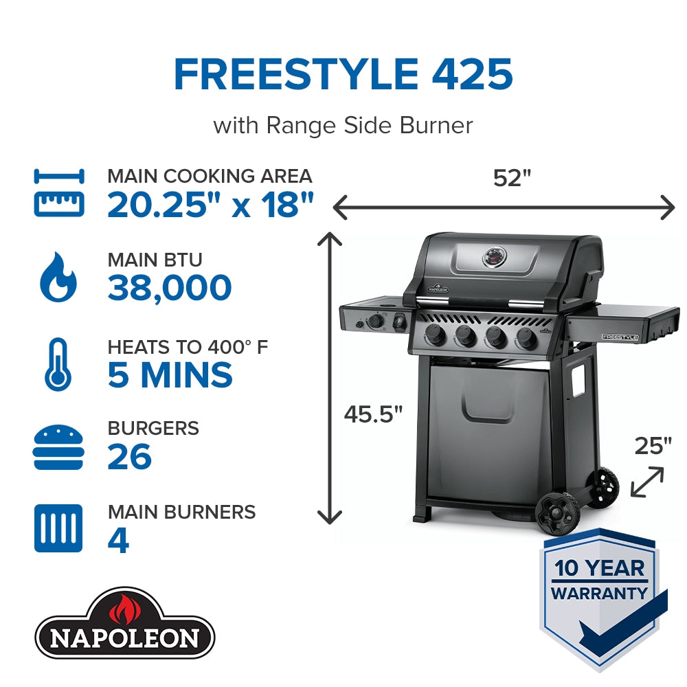 Napoleon Freestyle 425 4-Burner Propane Gas Grill with Side Burner | F425DSBPGT ECP | Perfect for Backyard BBQs, Patio Cooking & Outdoor Entertaining