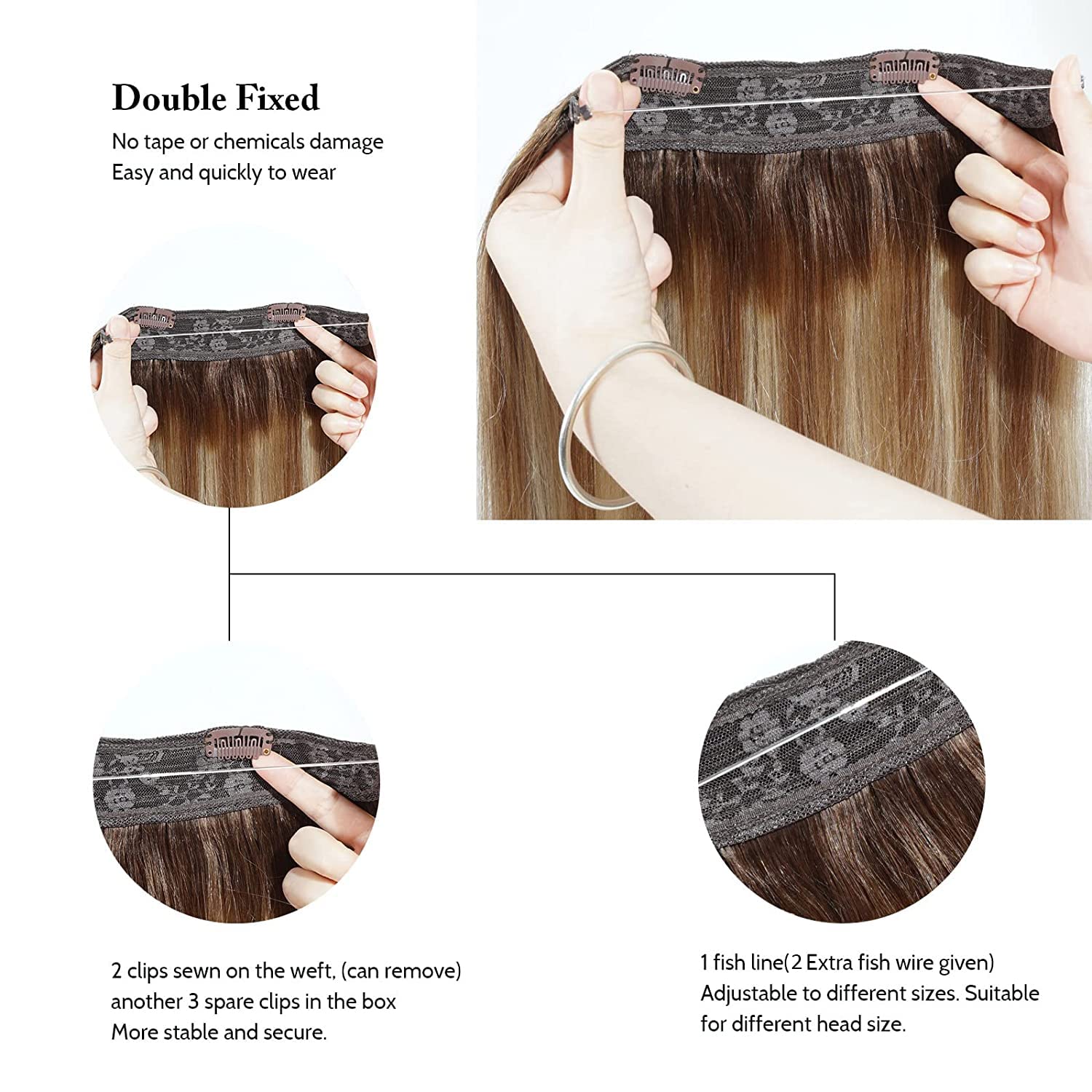 Tinashe 20-Inch Human Hair Clip-In Extensions - Chocolate Brown, Ash Brown & Honey Blonde - 90g Invisible Wire Hair Extensions with Secret Headband for Natural Volume & Styling | Perfect for Parties, Weddings & Daily Wear