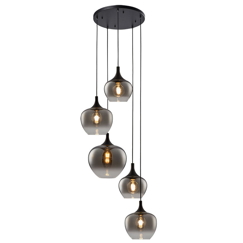 Berkley 5Lt Cluster Pendant Light Fixture E27 Base Amber & Black Glass - Perfect for Dining Room, Bedroom, or Living Room Lighting