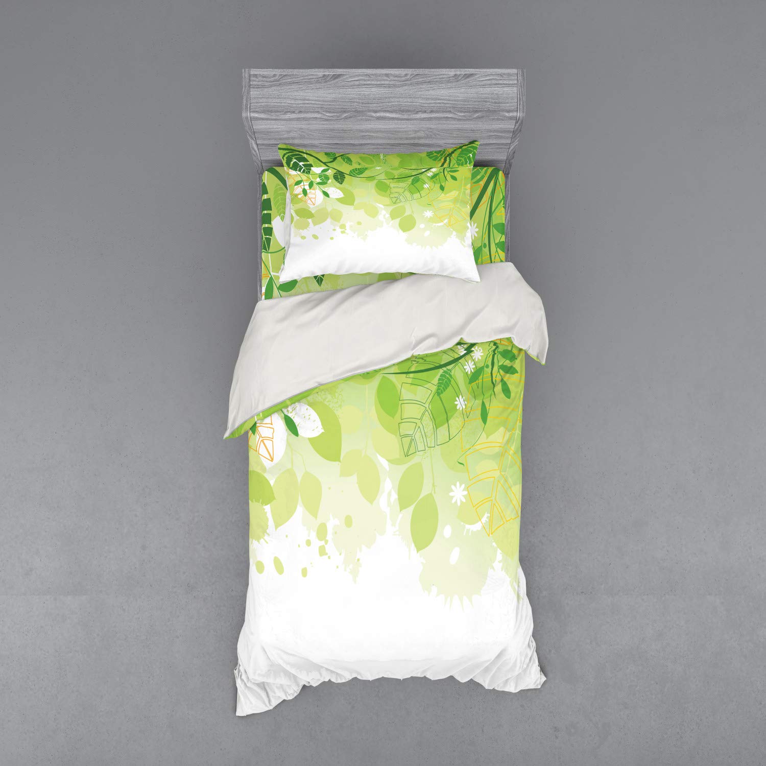 Ambesonne Green Leaf Duvet Cover Set - 3 Piece Twin Size Bedding with Sham & Fitted Sheet | Abstract Spring Floral Design in Green, Yellow & White | Perfect for Spring Bedroom Decor & Guest Room Makeover
