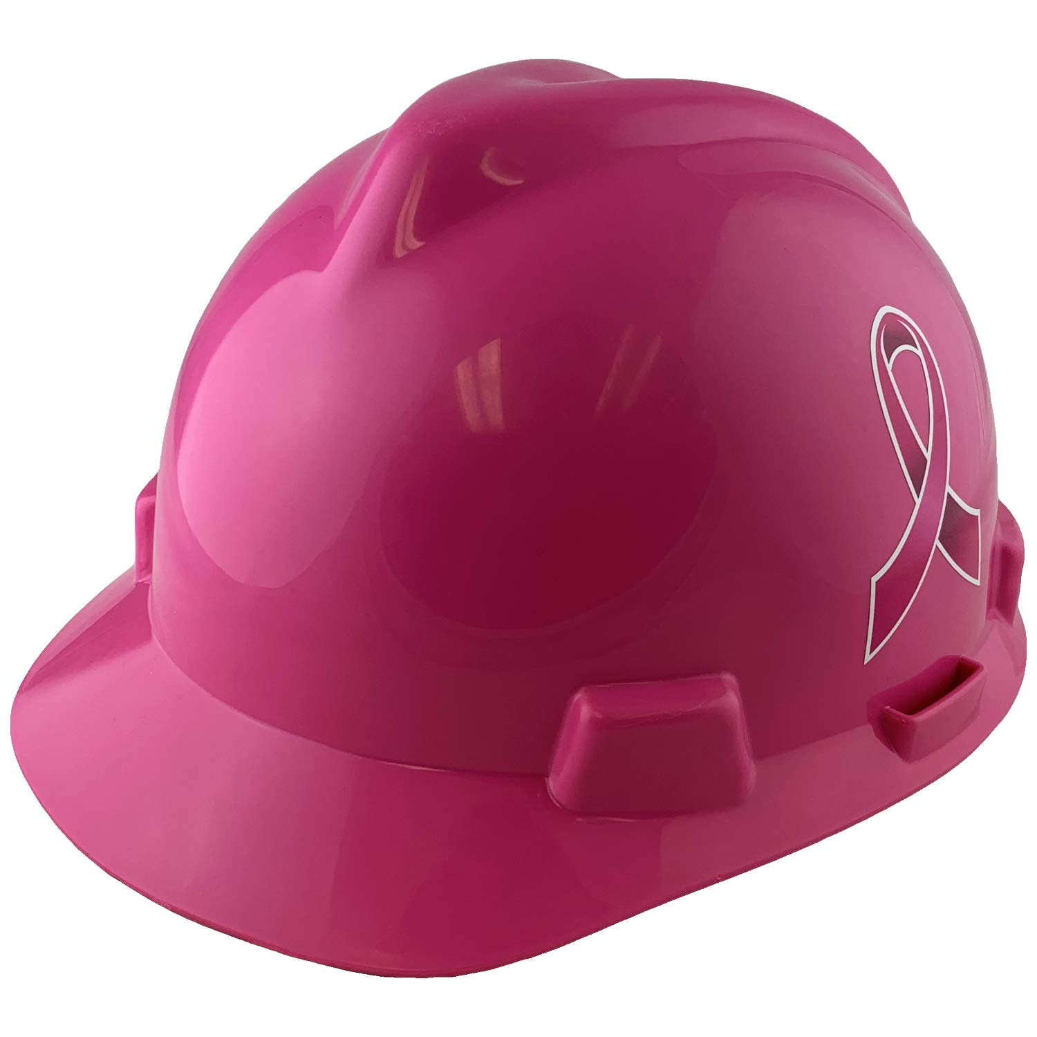 MSA V-Gard Cap Style Hard Hat with Pink Breast Cancer Awareness Ribbon Decals - OSHA Approved Safety Helmet for Construction, Industrial & Awareness Events