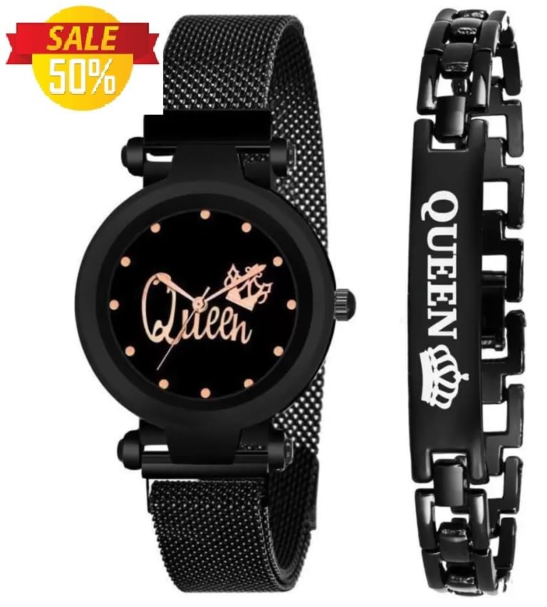 Queen Magnetic Strap Watch for Women & Girls - Elegant Black Magnetic Chain Bracelet Analog Watch with Adjustable Magnet Strap - Perfect Gift for Birthday, Anniversary & Special Occasions (SR-708, Pack of 2) - Ideal for Everyday Wear, Office & Formal Events