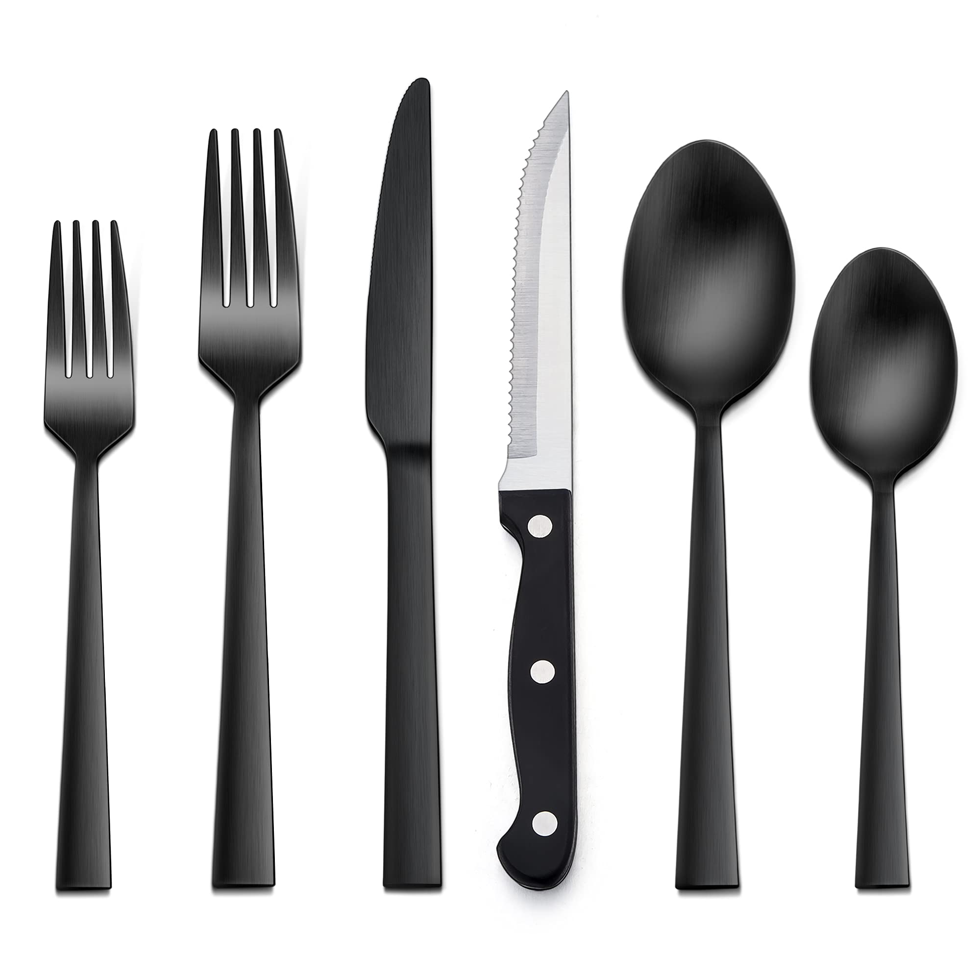 LIANYU 24-Piece Matte Black Silverware Set with Steak Knives - Premium Stainless Steel Flatware Cutlery Set for 4 People - Modern Square Eating Utensils (Forks, Knives, Spoons) - Dishwasher Safe - Perfect for Dinner Parties, Restaurants & Everyday Dining