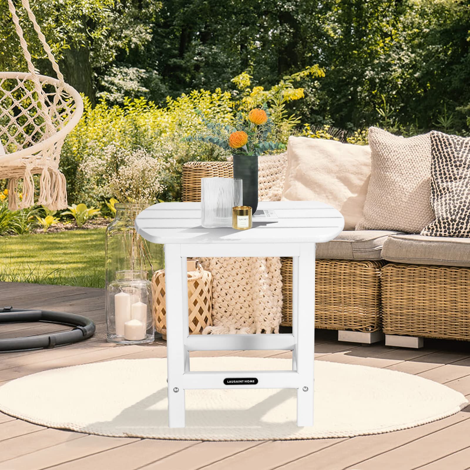 LAUSAINT HOME Outdoor Adirondack Side Table - Weather Resistant White Rectangle Coffee End Table for Patio, Garden & Poolside - Easy Assembly & Durable Design
