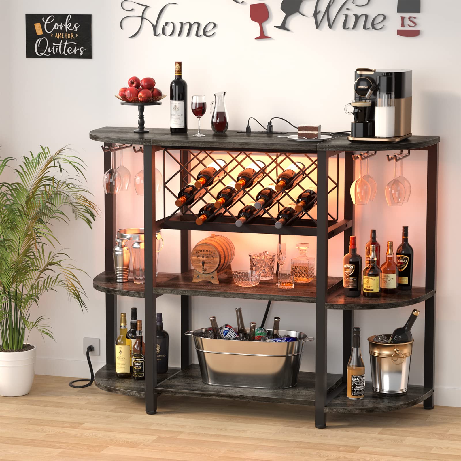 Unikito 4-Tier Metal Coffee Bar Cabinet with Power Outlet & LED Lights - Freestanding Floor Bar Table with Glass Holder & Wine Rack Storage - Gray Oak Kitchen Bar Cart for Coffee, Wine & Liquor Organization - Perfect for Dining Room, Kitchen or Home Bar Setup