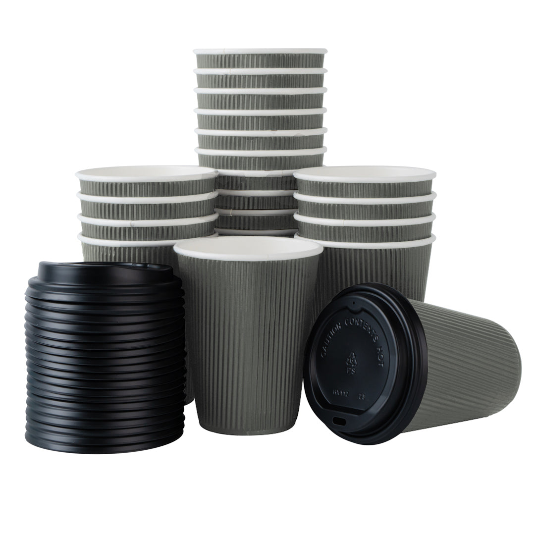 12 oz Gray Paper Ripple Wall Coffee Cups with Black Lids - 3.5
