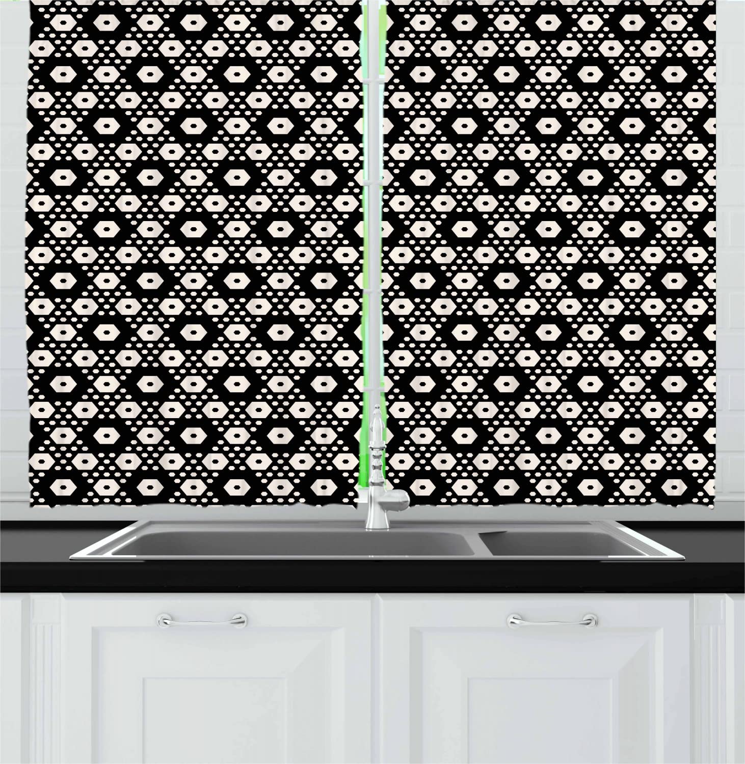 Ambesonne Geometric Long Kitchen Curtains - Modern Symmetric Hexagon Pattern Black & Beige Drapes, 55