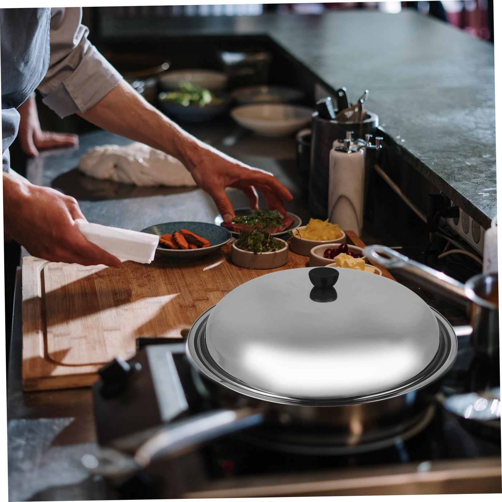 Premium Stainless Steel Cooking Pot Lid - Heat Resistant & Anti-Scald Wok Cover for Kitchen, Restaurant & Teppanyaki Cooking - Universal Fit for Skillets, Pans & Cookware - Durable Kitchen & Commercial Use Accessory