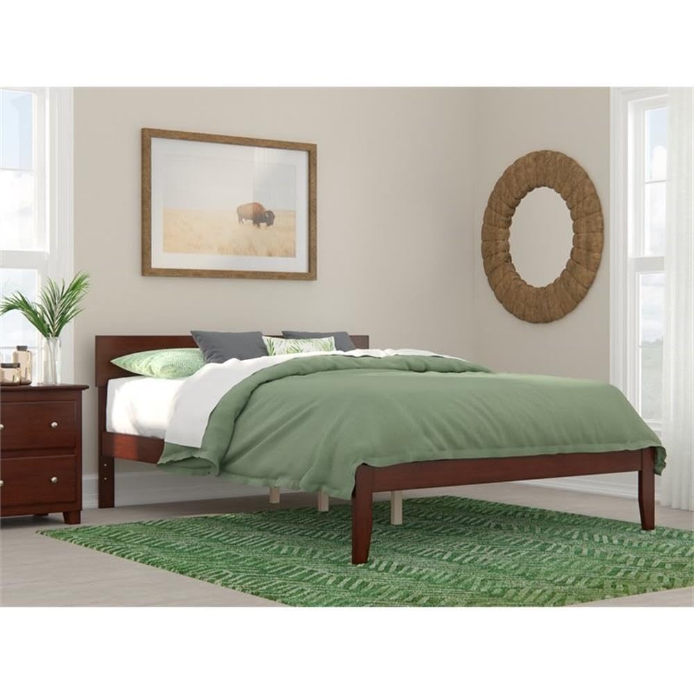 Pemberly Row Modern Solid Wood Platform Queen Bed with Slat Kit in Walnut - Sturdy Wooden Bed Frame for Master Bedroom & Guest Room