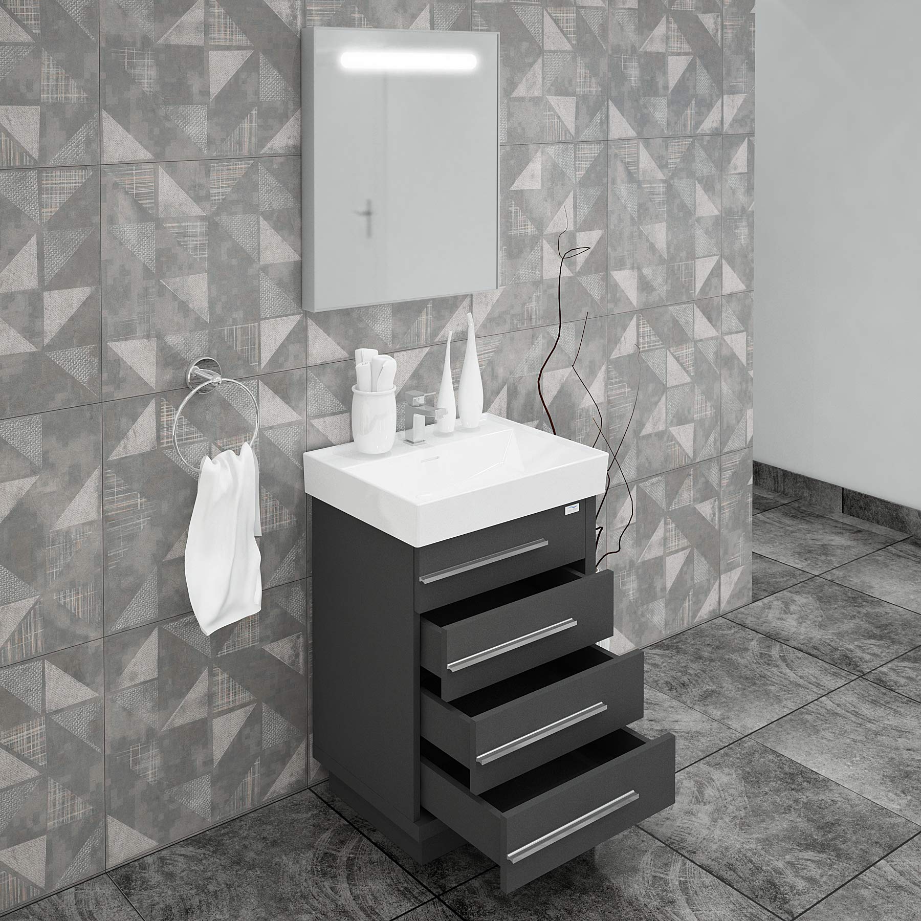 32 Inch Single Sink Bathroom Vanity with LED Mirror - Modern Wood Cabinet & Ceramic Sink Set | Soft Closing Drawers | Free Standing Contemporary Design in Glossy Grey | Perfect for Small Bathrooms, Master Suites & Apartment Remodels