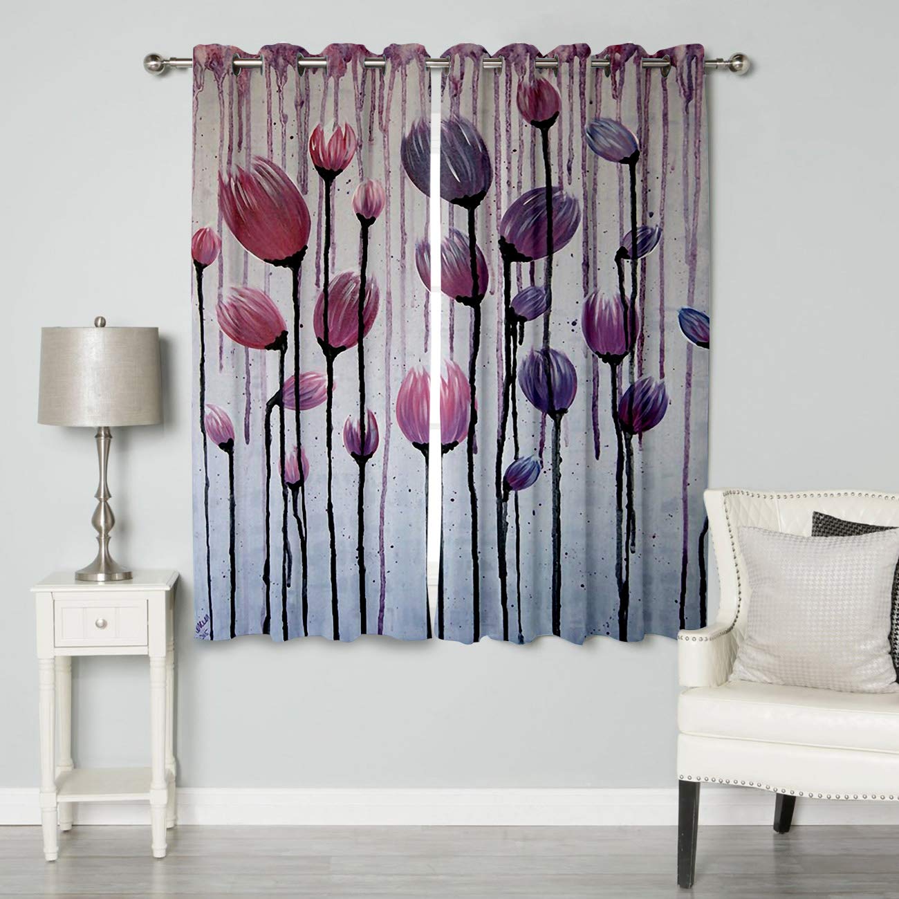 Thermal Insulated Curtains for Living Room & Bathroom - 96 Inch Floral Printed Polyester Window Drapes, Set of 2 (Grunge Style Flowers Ink Painting) - Perfect for Kitchen, Cafe & Home Decor