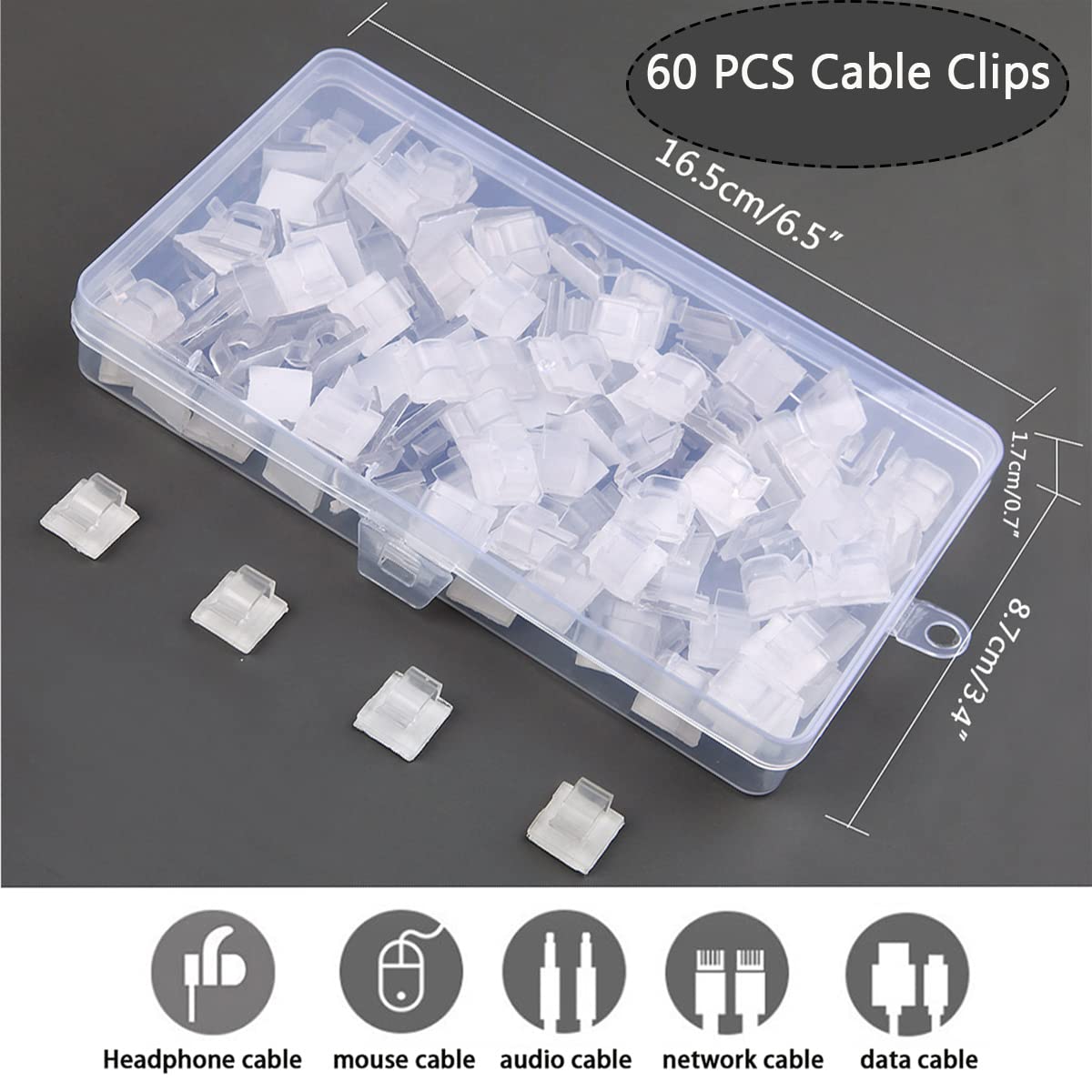 60PCS Clear Adhesive Cable Clips - Strong Wire Organizer Hooks for Wall, Desk & Outdoor Cable Management - Perfect for Christmas Lights, Fairy Lights, String Lights & Home Decor Hanging - Ideal for Holiday Decorations, Office Organization & Home Improvement Projects
